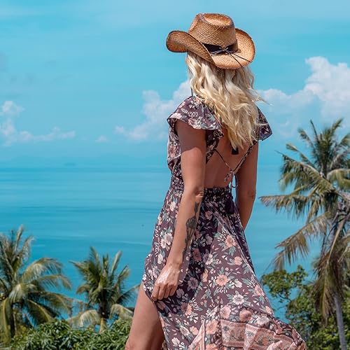 Miniatura 7 de Comhats Sombreros de vaquero para mujer, estilo occidental, redondo, de paja, sombrero de playa, sombreros de vaquera, ala moldeable, caqui