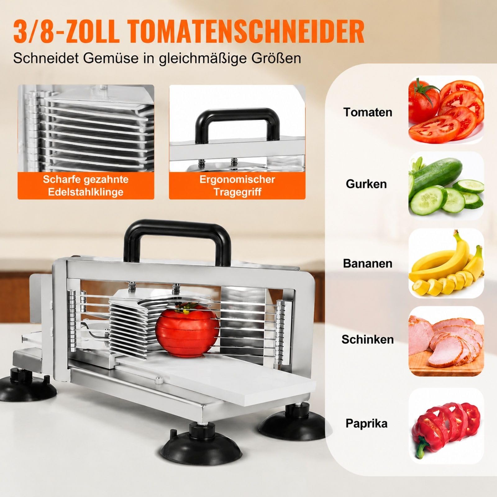 Kommerzieller manueller Tomatenschneider fuer Tomaten Gurken und Bananen aus Edelstahl mit rutschfesten Fuessen