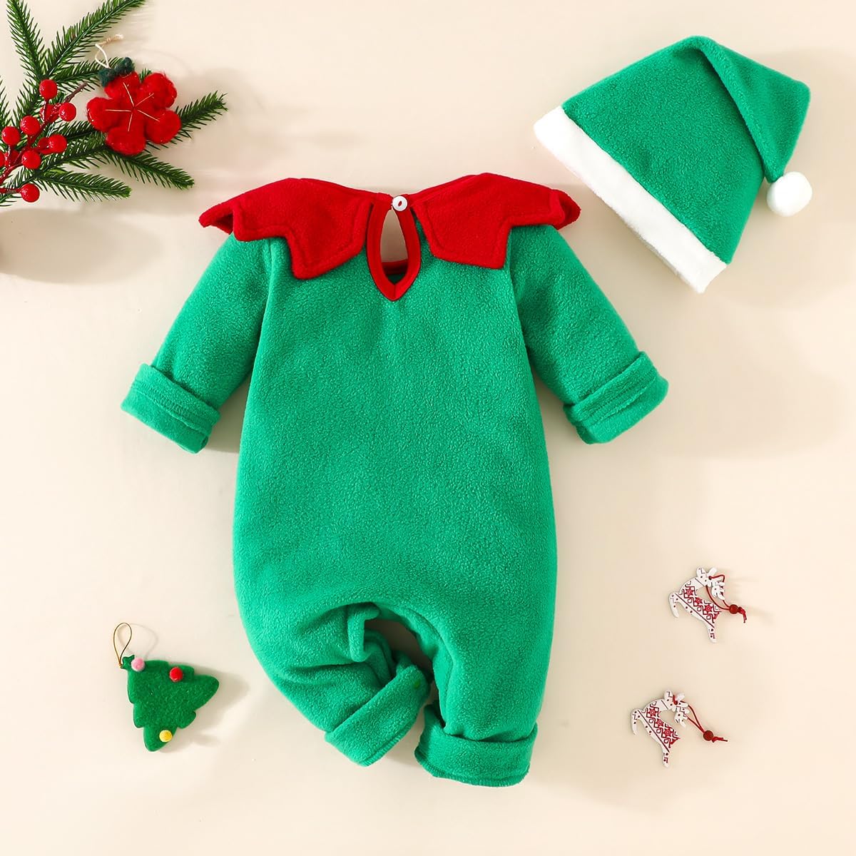 Newborn Baby Boy Girl Christmas Outfit Long Sleeve Elf Romper Photoshoot Jumpsuit with Hat My 1st Christmas Clothes
