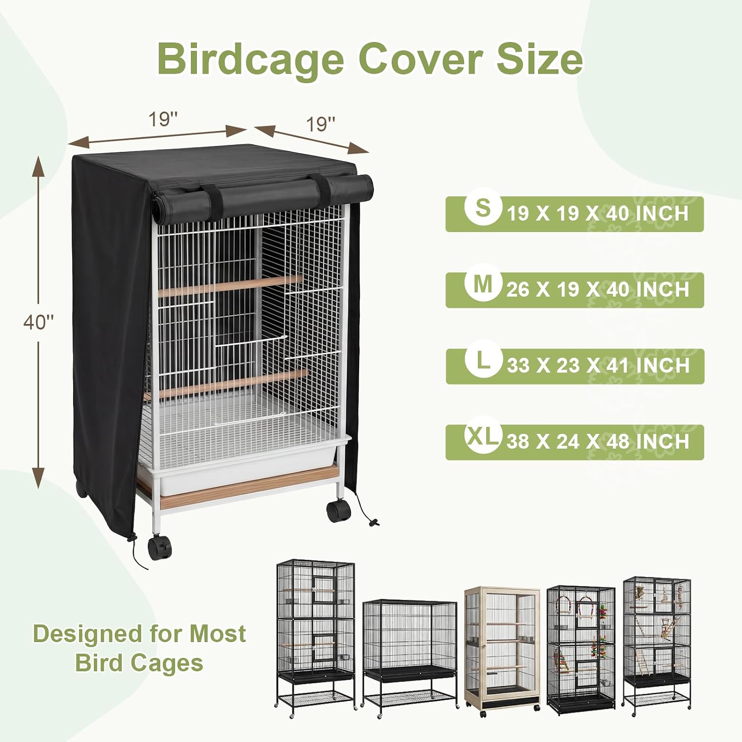 Black Bird Cage Cover, Adjustable with Zipper Panel and Velcro, Block Light and Waterproof, Good Night for Parrot and Small Animals, Size S