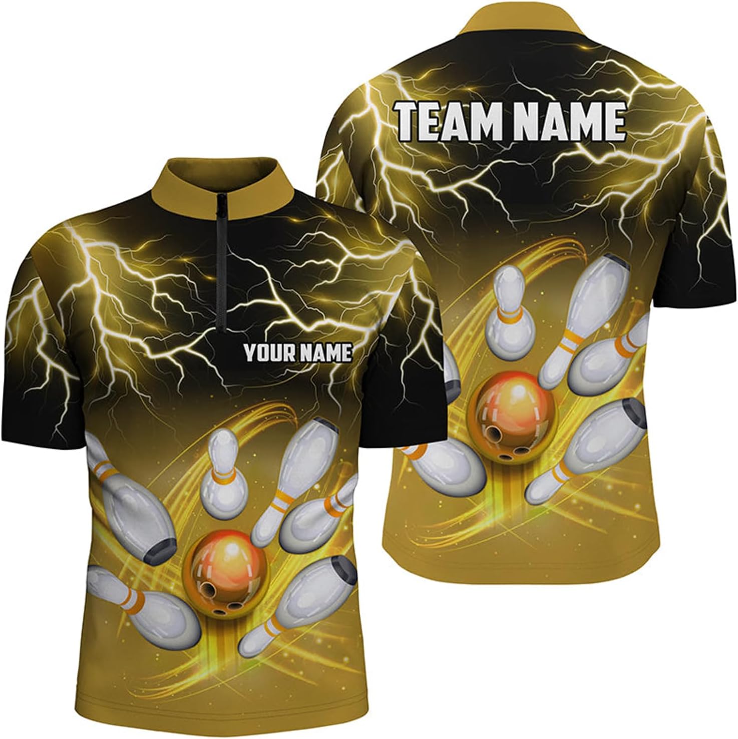 Mens Bowling Quarter Zip Shirts Custom Black Yellow Bowling Lightning Thunder Team League Jerseys N7086