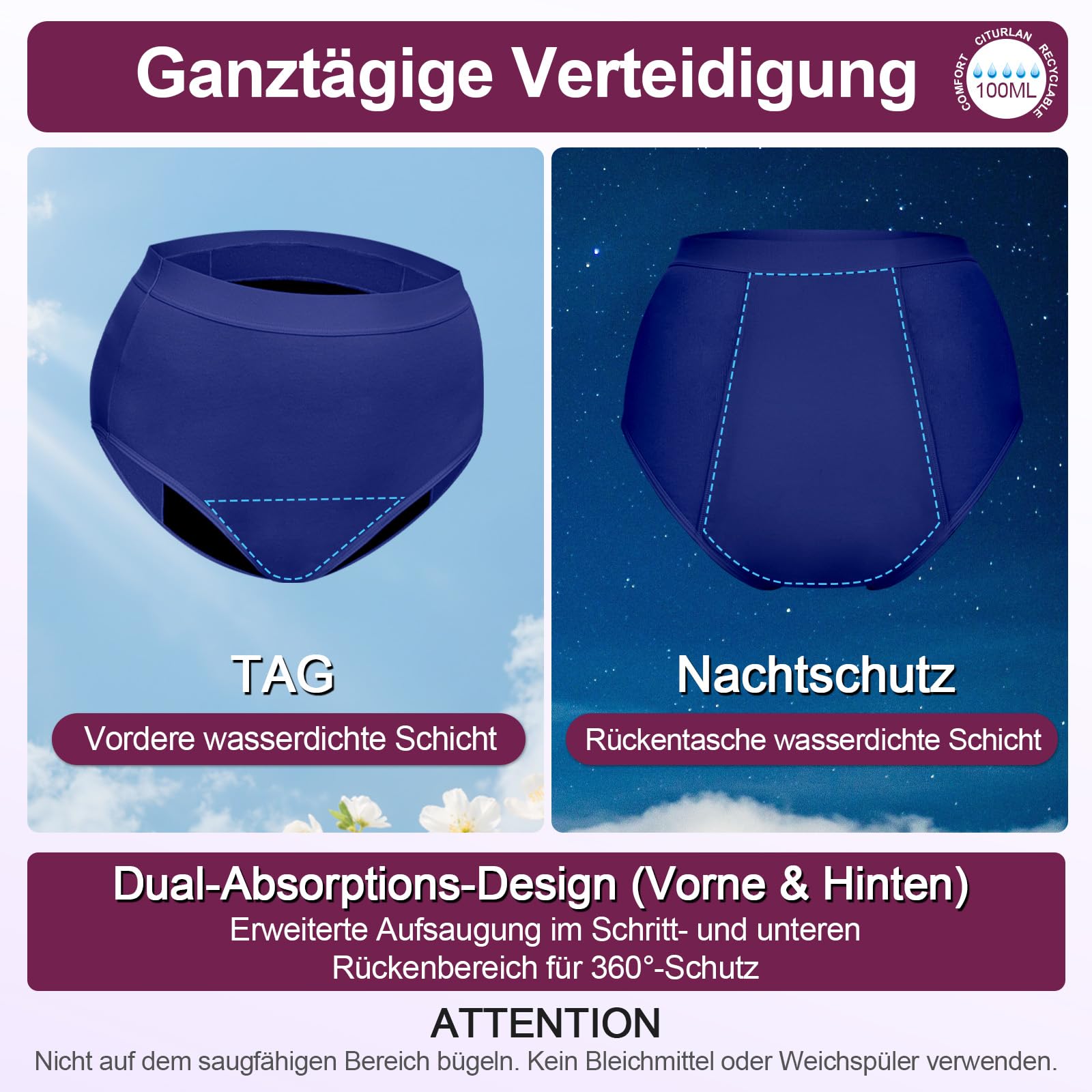 Inkontinenzunterwäsche für Damen, Saugfähigkeit 100 ml, auslaufsicher und waschbar Inkontinenz-Slip Periodenunterwäsche, Hoch taillierte Menstruationsslips für Nacht und aktive Nutzung,3er-Pack