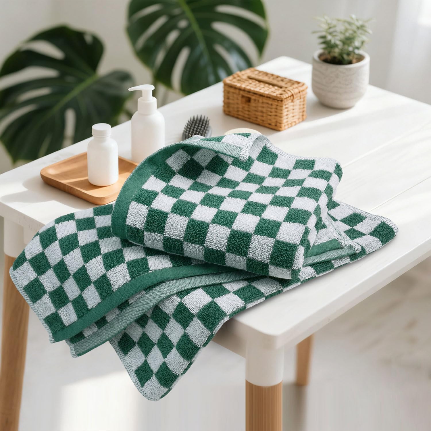 Jacquotha  and White Hand Towels 4 Pack, Cotton Decorative Bathroom Hand Towels & Checkered Kitchen Decor, 13" x 29": Green