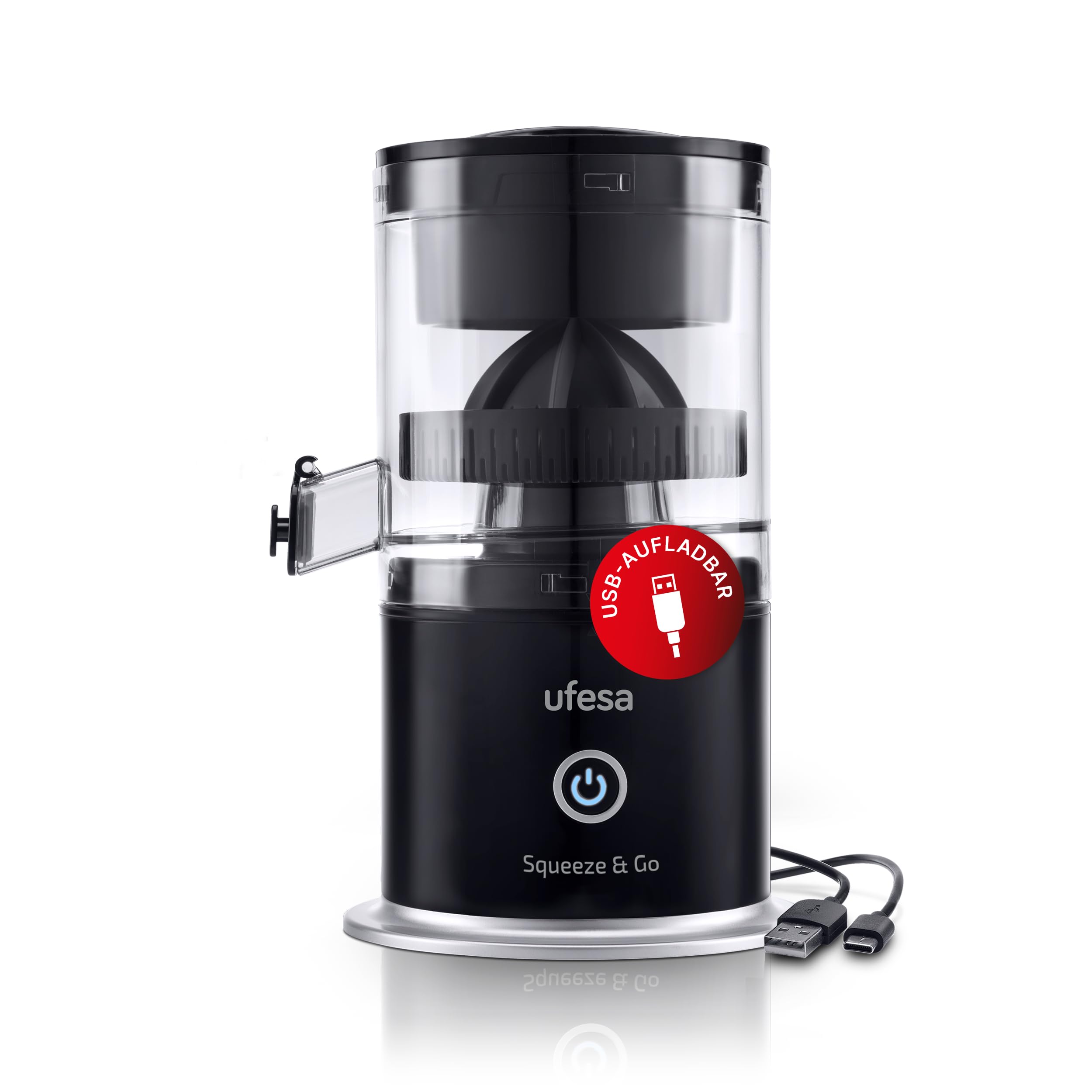 Ufesa Squeeze & Go, Zitruspresse Elektrisch mit USB-C wiederaufladbar, Tragbares, Orangenpresse, Zitronenpresse, Limettenpresse, 1500mAh Akku, 220 ml, BPA-frei, Schwarz