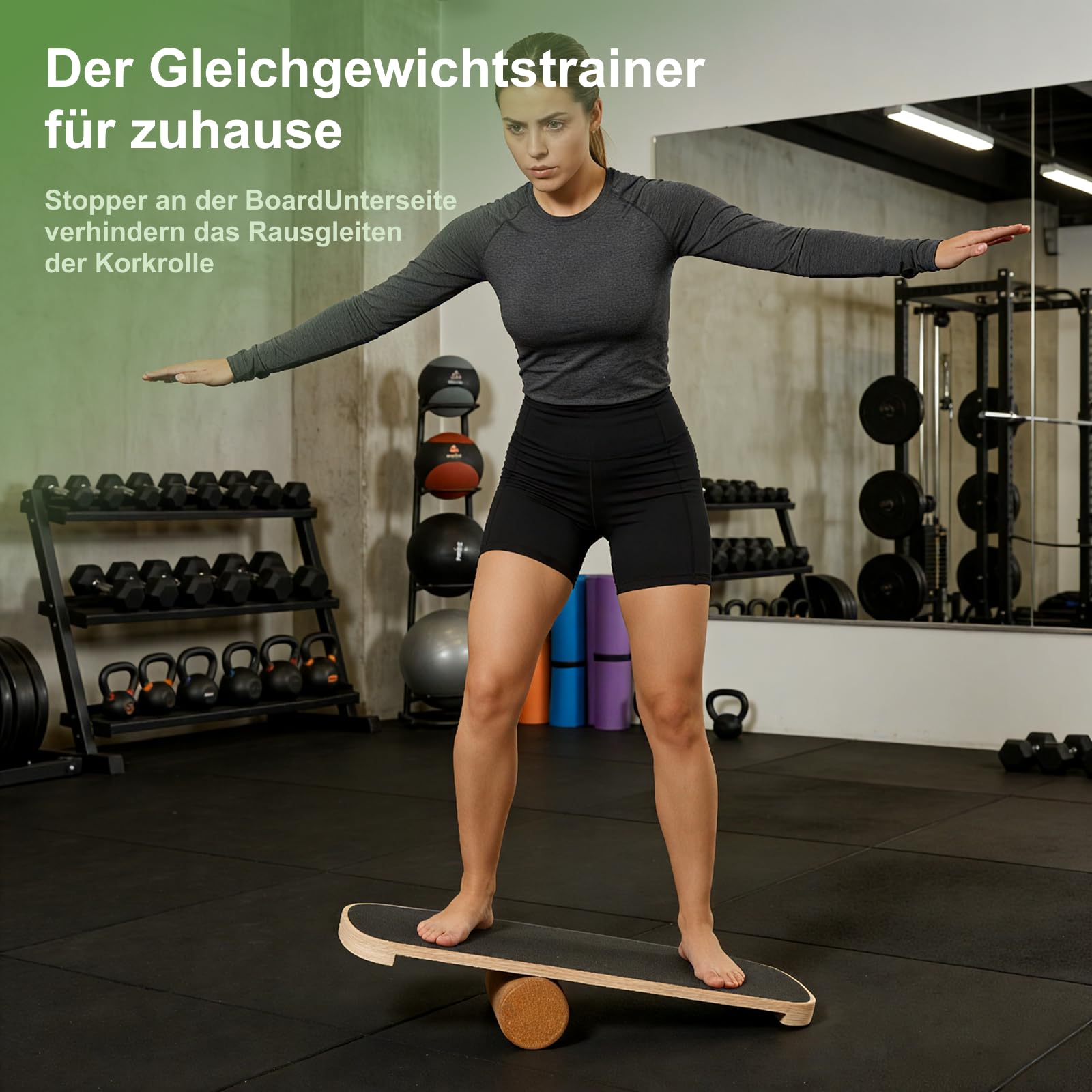 HOKO Balance Board aus Birkenholz mit Korkrolle – Gleichgewichtstrainer Perfekt für Fitness und Sport, Wackelbrett mit Anti-Rutsch Oberfläche, bis 160 kg belastbar