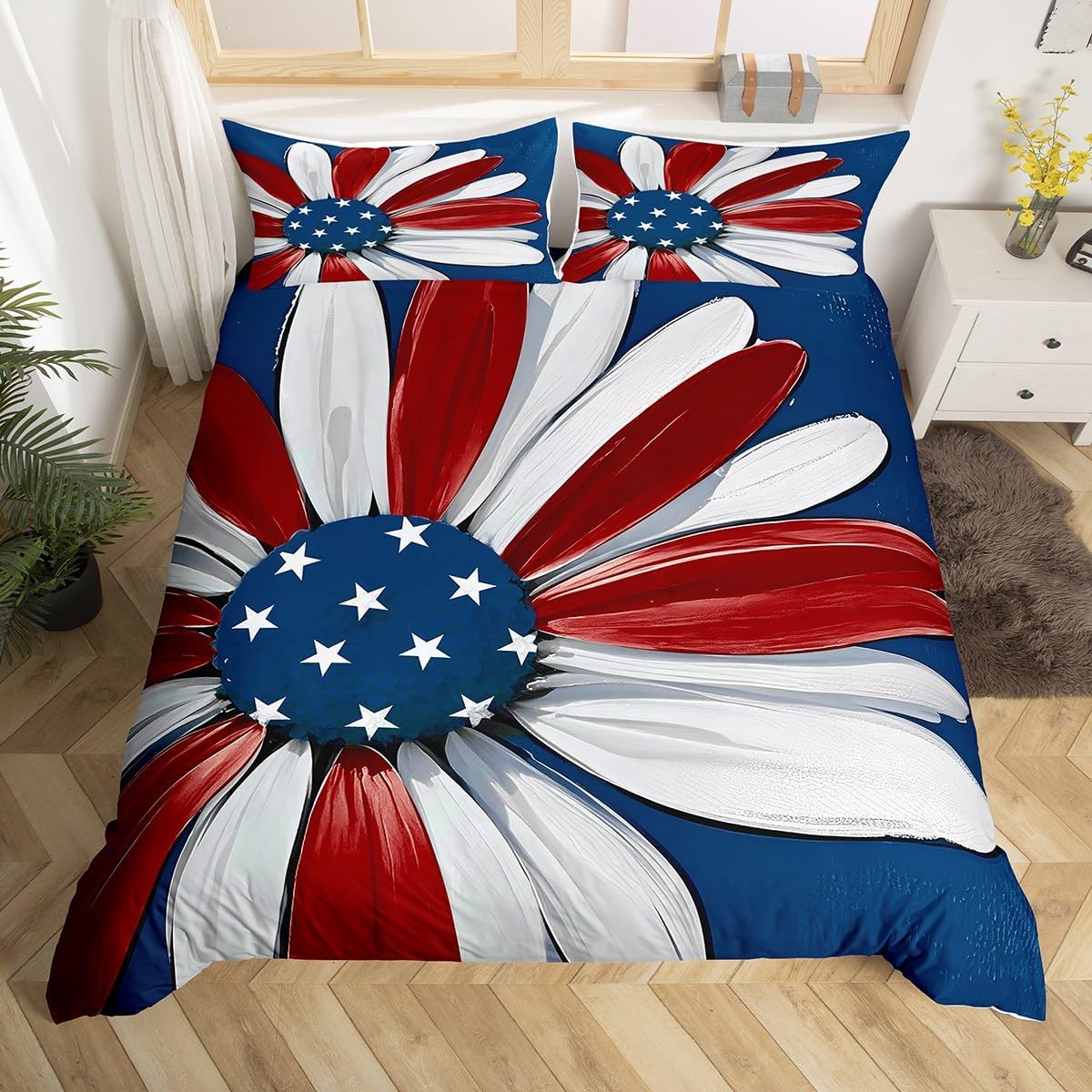 Erosebridal 4th of July Duvet Cover Queen Independence Day Bedding Set for Kids Teens Red Blue White Patriotic Bedspread Cover American Flag Flower Floral Bed Set