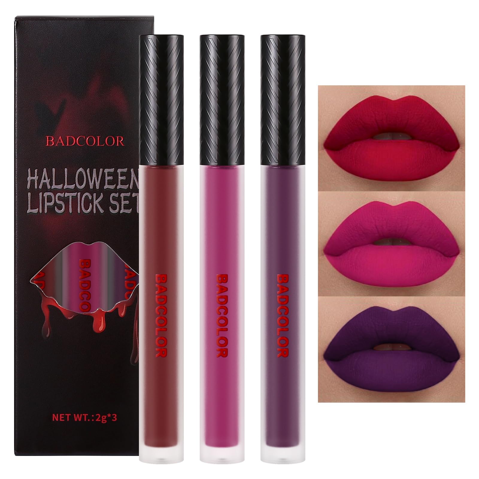 BADCOLOR 3 Colors Matte Liquid Lipstick Set, Purple Burgundy Rose Red Halloween Makeup, High Impact Long Lasting Lip Stain Velvet Nonstick Cup Smudge Proof & Waterproof Lip Gloss Set