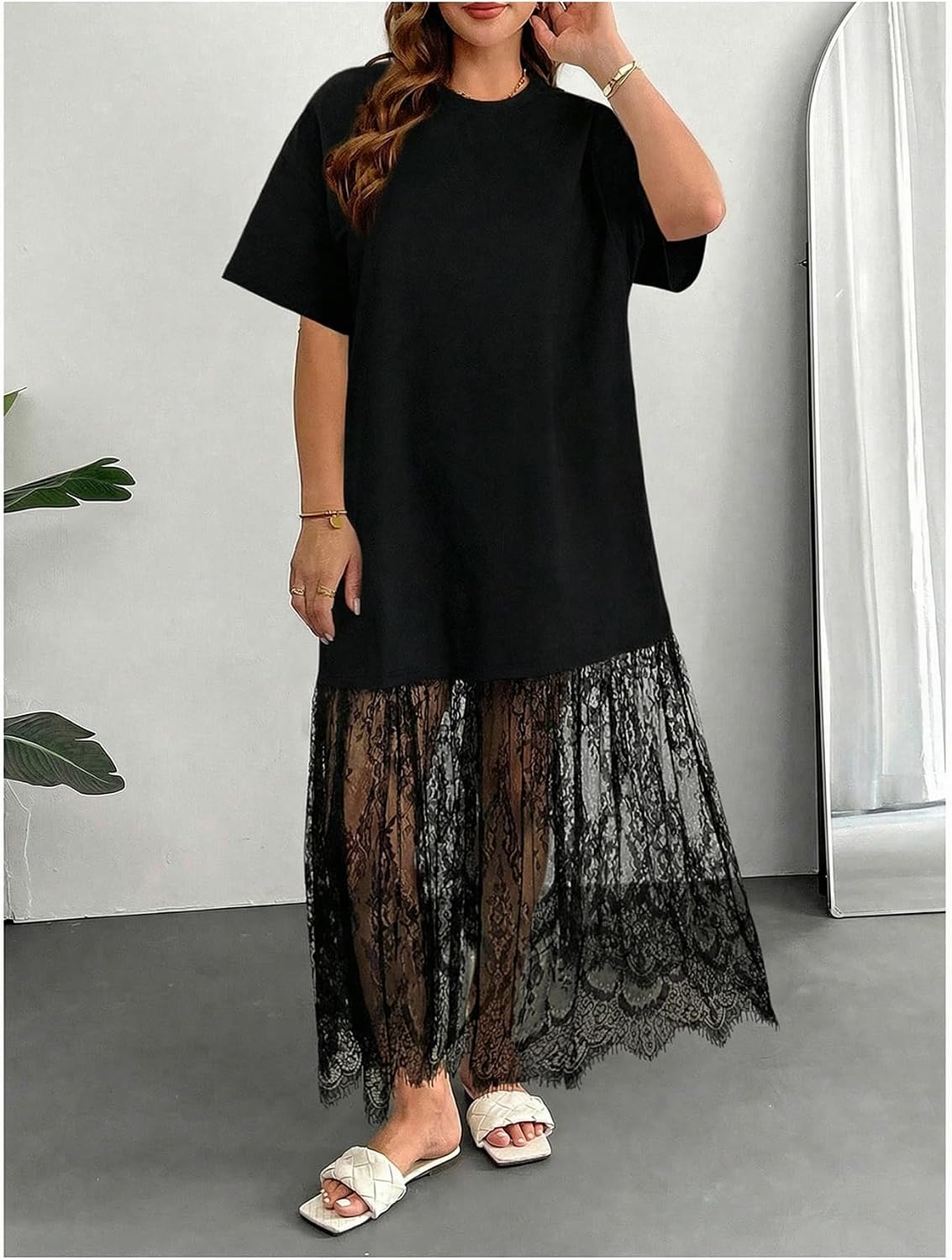 SOLY HUX Women's Plus Size Lace Maxi Dress Short Sleeve Crew Neck Summer Casual Going Out Long T Shirt Dresses