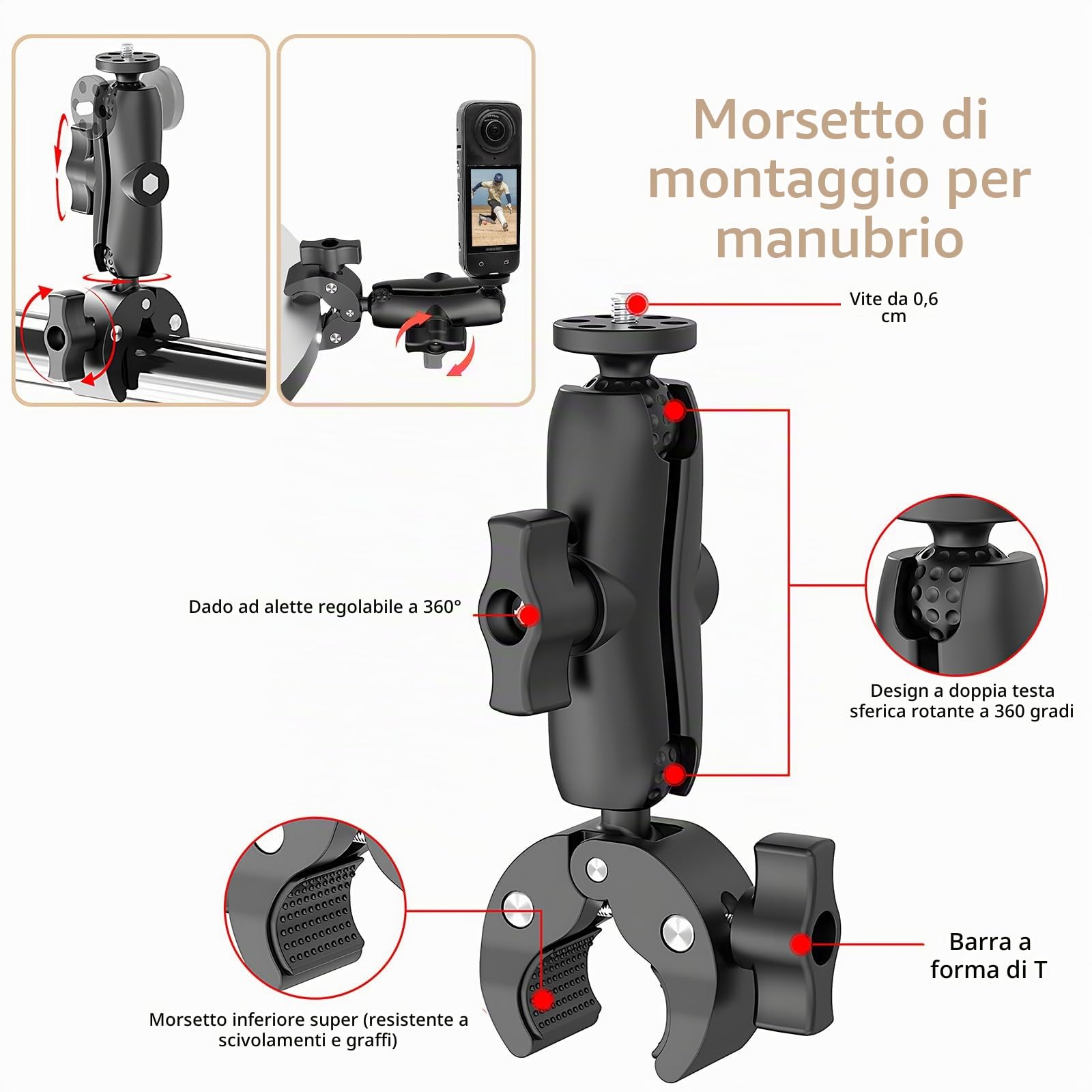 Kit di montaggio per manubrio di bici e moto, morsetto con braccio di estensione per selfie, compatibile con Insta 360 X4, X3, X2, X ONE RS, R ACE, Pro Go 3, 2, Go Pro Series