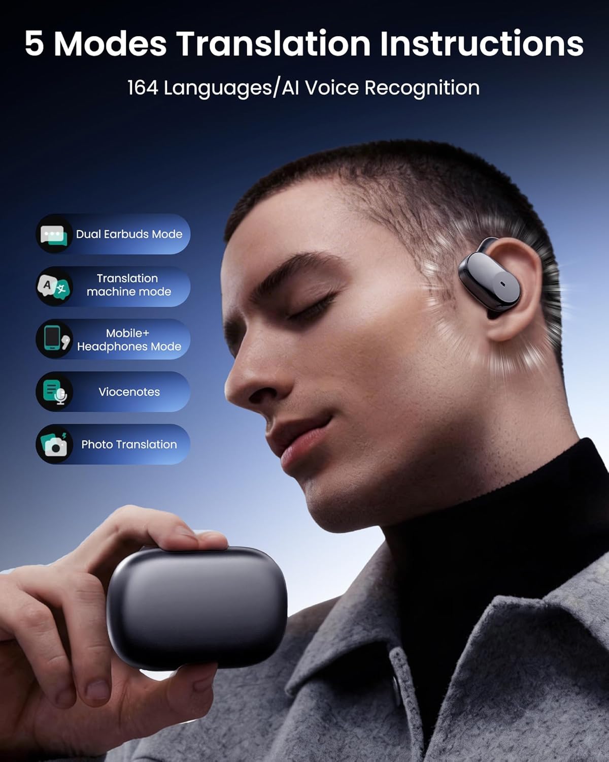 Translation Earbuds Real Time, 3-in-1 AI Translation Earbuds with 164 Languages, 60H Playtime Bluetooth Translator Headphones, Open Ear Wireless Earbuds for Travel Business Calls image 4