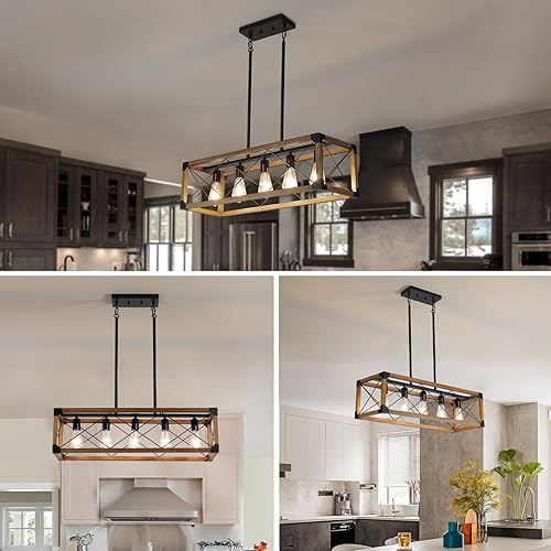 Miniatura 3 de Lámpara de comedor, Lámpara de granja, Iluminación de isla de cocina, Lámparas colgantes rústicas de 5 luces, Luces de isla de madera de campo
