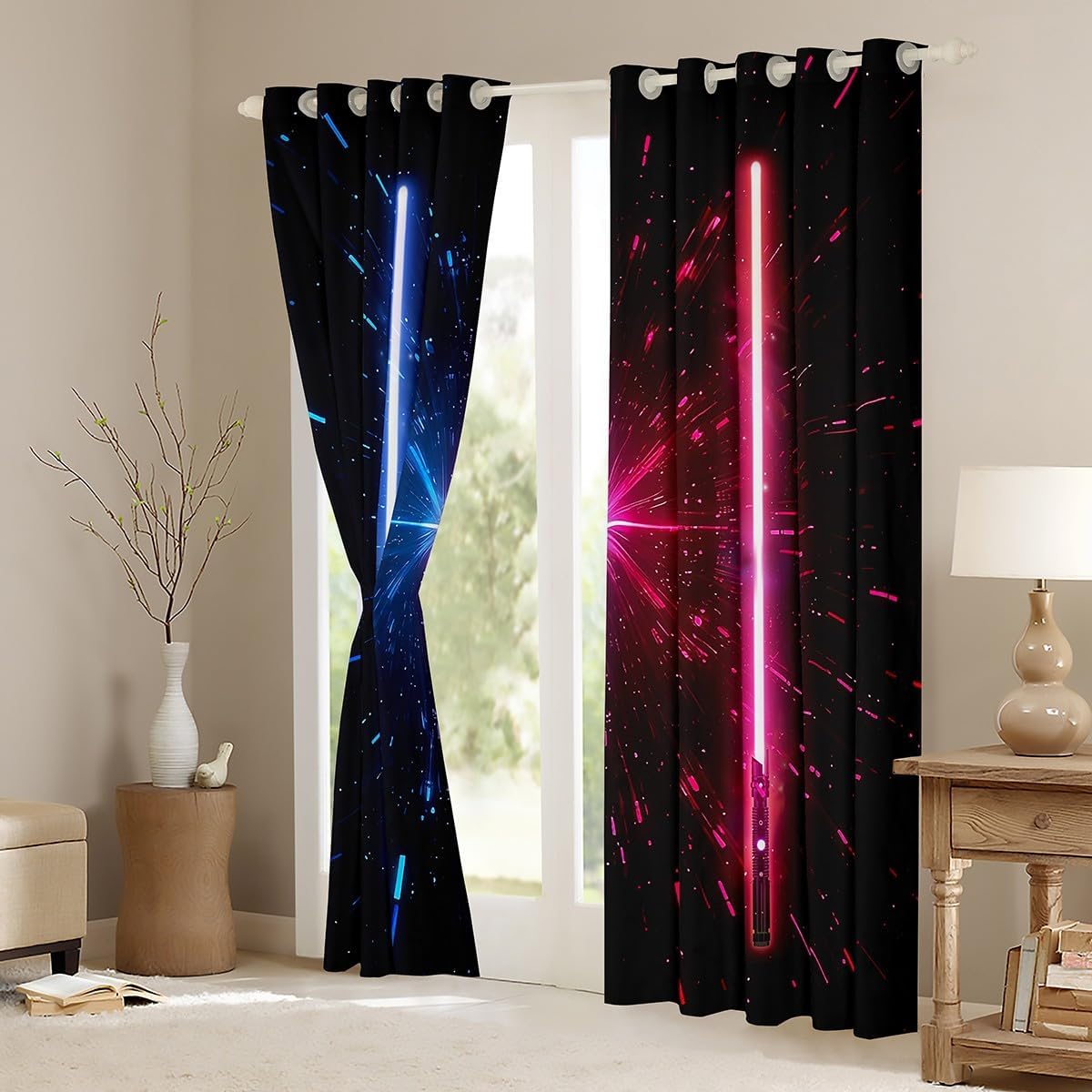 Manfei Lightsaber Kids Window Curtains,Neon Light Saber Sword Ray Outer Space Window Drapes for Boys Girls,Future Science Technology Red Blue Window Treatments Grommet Top 2 Panel Set,42Wx84L inch