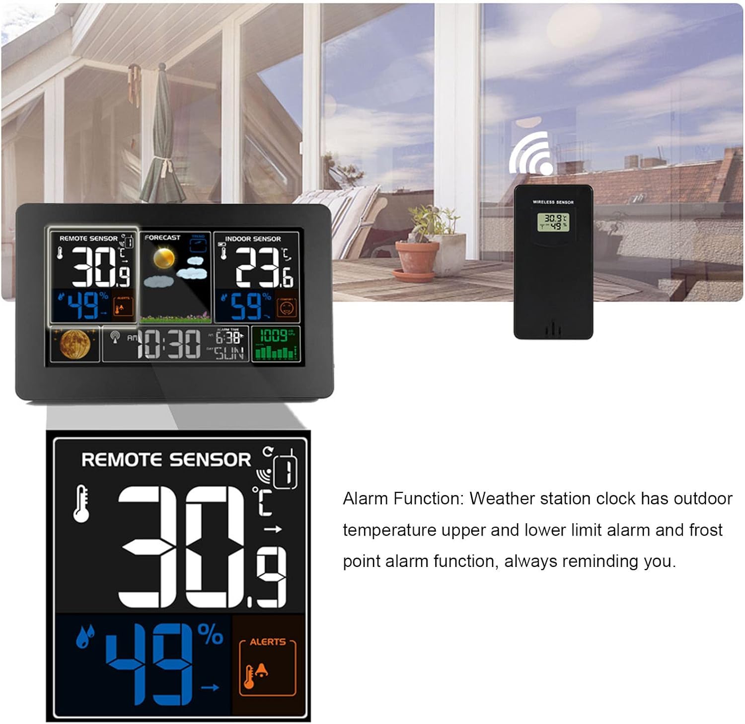 Wireless Weather Station, Large Color Screen Weather Clock with Atomic Clock, High Accu E Tempe Ure Humidity Meter, for Indoor Outdoor Tempe Ure(110-240V-operating System)