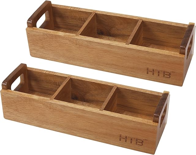 Small Wooden Tea Bag Box 2PCS by HTB, 3 Compartments Acacia Wood Tea Bag Chest with Handle, Mini Countertop Divided Storage Container for Beverage Supplies, Sugar, Sweeteners, Individual Packets
