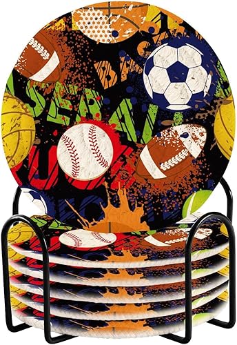 Sport Pattern Balls Coasters Absorbant Coasters for Drinks and Holder Set of 6 Aesthetic Coasters for Desk