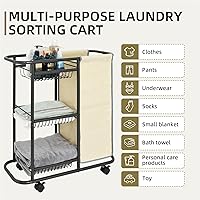 Vista 4 de Cesta de lavandería con 3 cestas de almacenamiento y bolsa de 45 L, carrito de lavandería resistente con ruedas y asa, ahorro de espacio