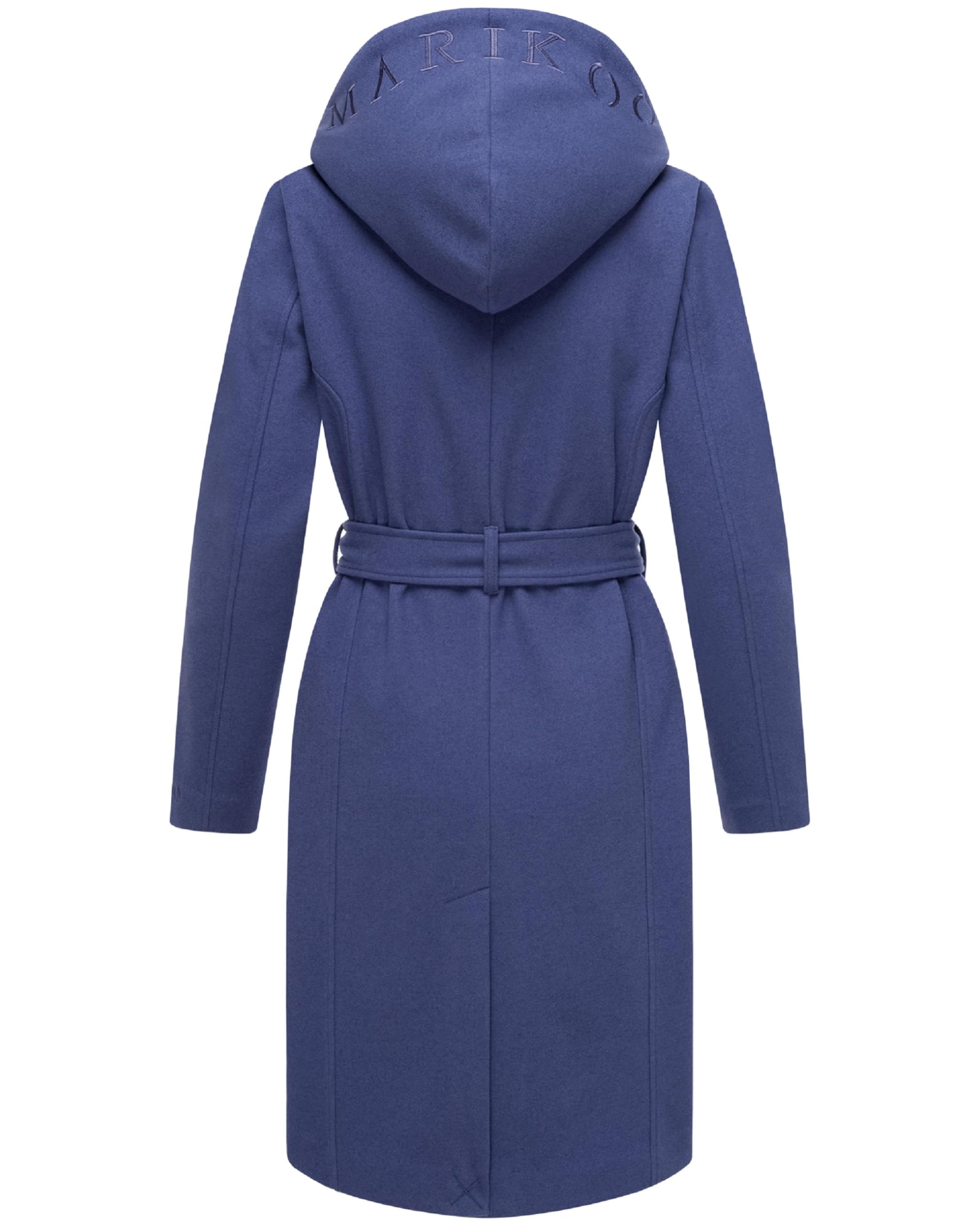 MARIKOO Damen Übergangsmantel lang Wickelmantel leichter Trenchcoat in Wolloptik mit Taillengürtel und Kapuze Kailii 16 XS-3XL