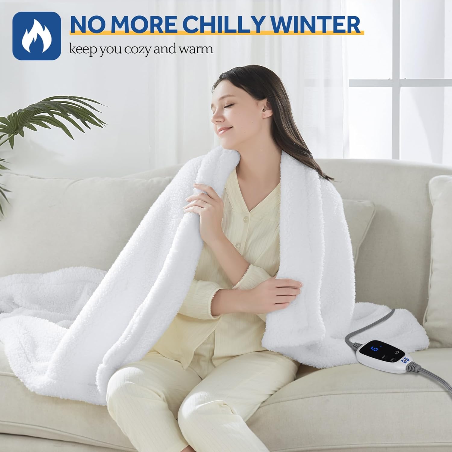 sealy electric blanket heated throw 50"x60" soft double sherpa super cozy with 6 fast heating levels & 2-10 hours auto-off, over-heat protection, machine washable, ivory ivory throw size 50" x 60"