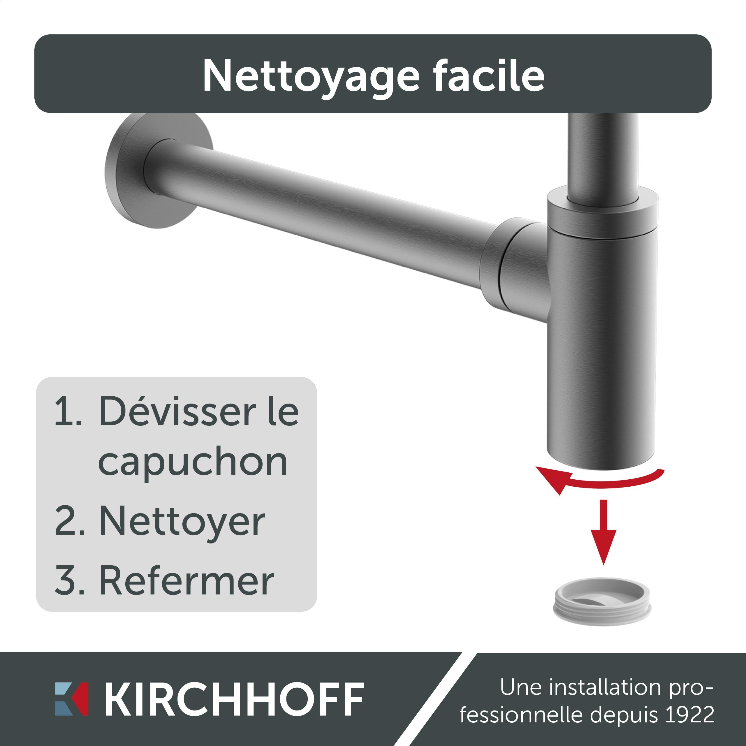 Kirchhoff Bonde de Lavabo Universelle Graphite Mat, Siphon | Laiton massif enduit, raccord 11⁄4", kit avec rosace murale, joint bonde et bouchon lavabo universel, ouverture de nettoyage