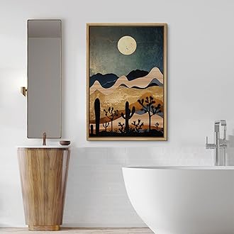SIGNFORD Framed Canvas Print Wall Art Joshua Tree Cactus Moonlight Desert Nature Wilderness Illustrations Decorative Bohemian Rustic Mid-Century Modern Desert Landscape for Bedroom - 16"x24" Natural