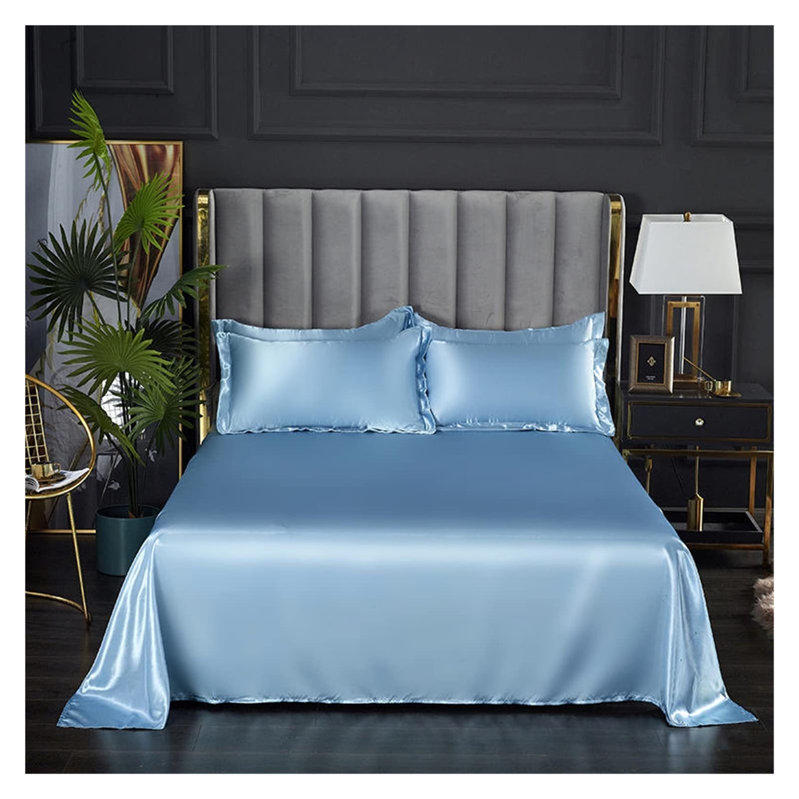 MTKSFDC Silk Bed Sheets 1 pc Bed Sheet for Summer Ice Cool Fabric Top Sheets Satin Smooth Flat Bed Sheet for Double Bedding (no pillowcase)(Qianlan,170x230cm 66x90inch)