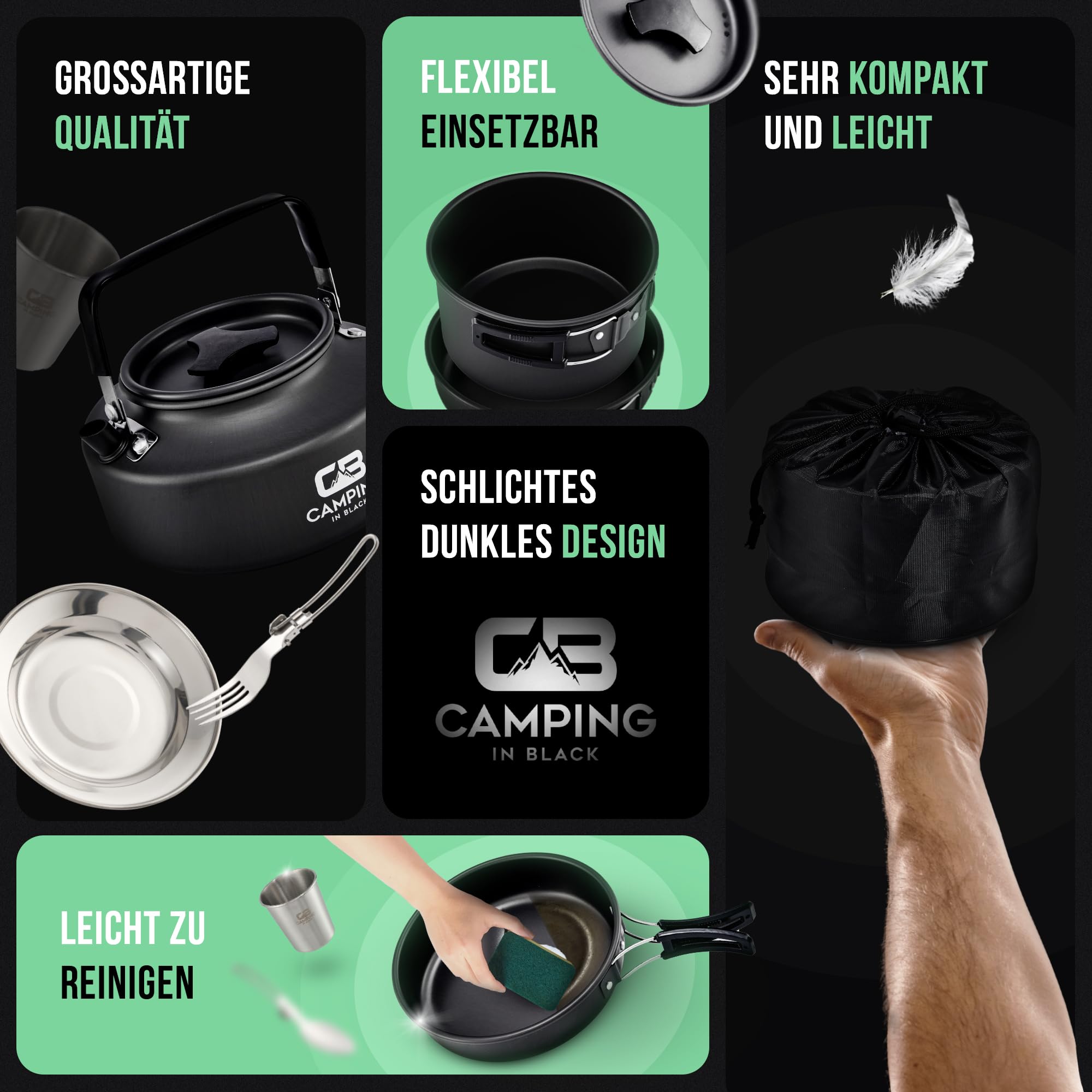 Campinggeschirr Set - Kochgeschirr für 2 Personen aus Aluminium und Edelstahl
