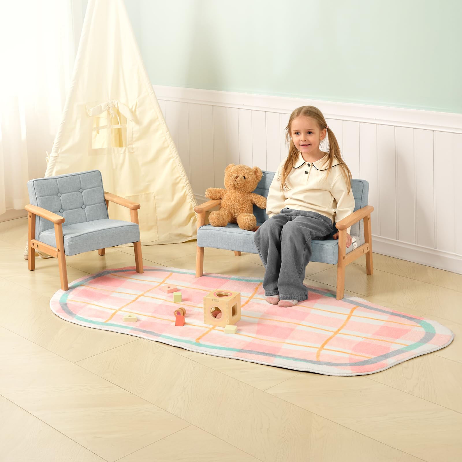 OOOK Kids Sofa Couch, Upholstered Kids Couch, Toddler Armchair with Wooden Armrest, Toddler Chairs Comfy 3-5 for Playroom, Bedroom, Nursery