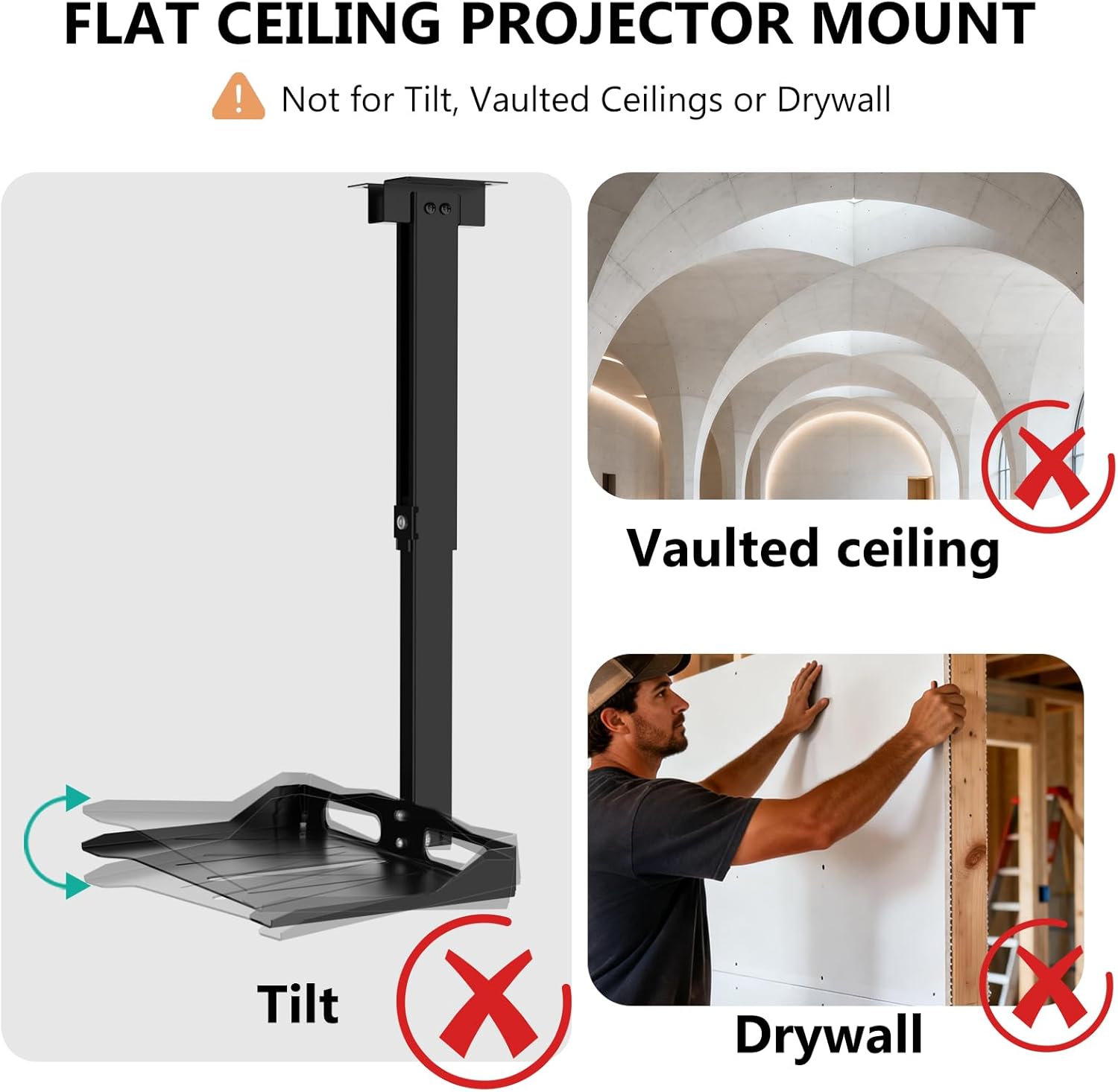WALI Projector Ceiling Mount Tray, Height Adjustable Wall Mount Holder for Projectors, Hidden Cable Management, Fits Projectors up to 22lbs, 13.7" x 8.6" Platform, Black (PM-005-B)