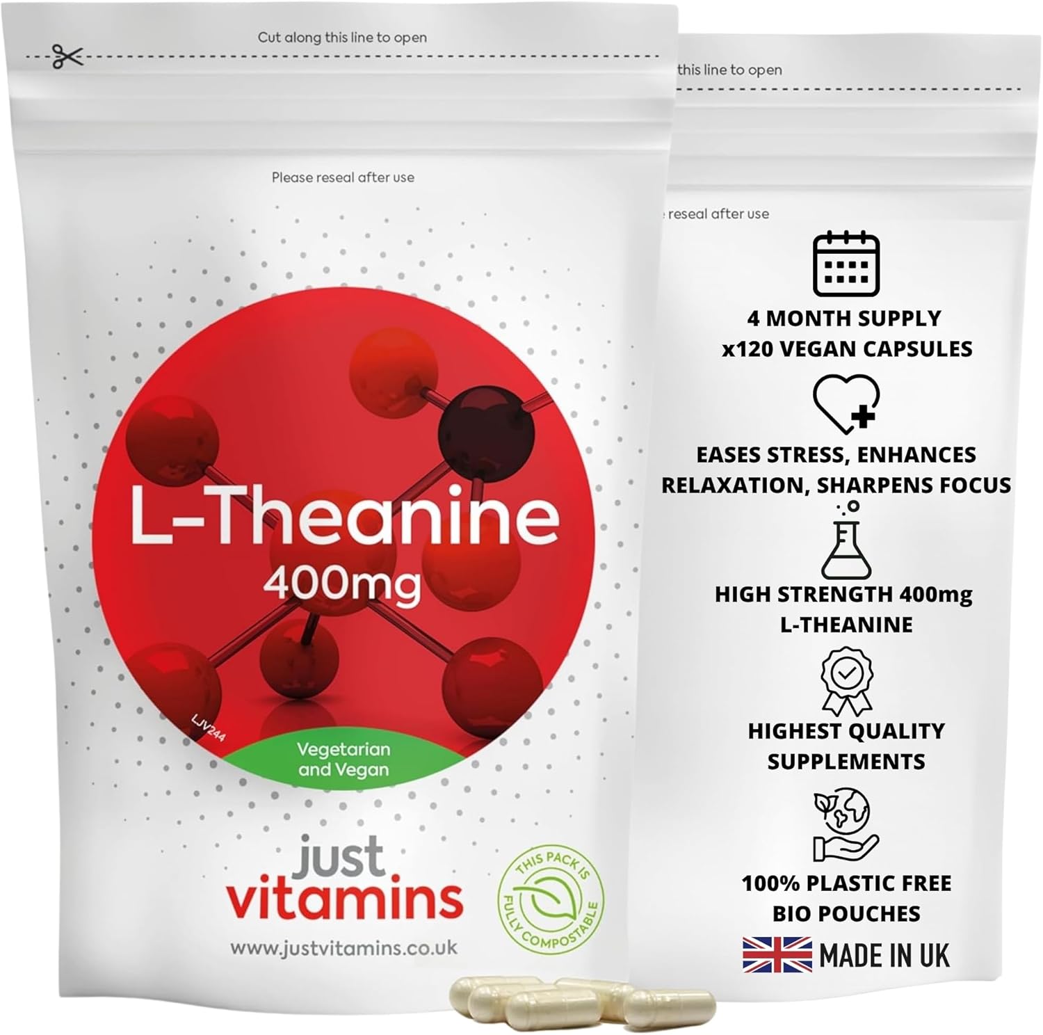 L Theanine High Strength 400mg | 120 Vegan Capsules | Supports Relaxation, Focus & Stress Relief | Fast Absorption | UK Made – Just Vitamins