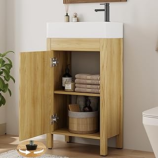 GarveeHome 16" Bathroom Vanity with Sink, Vintage Bathroom Cabinet Vanity with Doors, Farmhouse Wooden Freestanding Bathroom Cabinet with Top