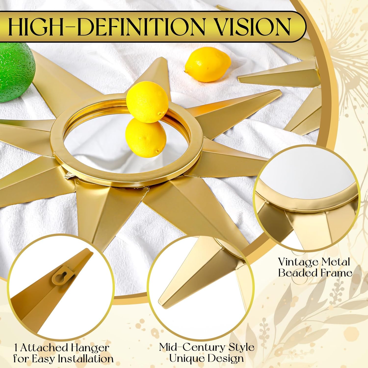 Blulu 4 Pcs Metal Starburst Wall Mirrors Decor 8 Pointed Gold Atomic Stars Hangings Mid Century Modern Elegance Accents Easy Installation Finish Metal Mirrors for Home Office Room