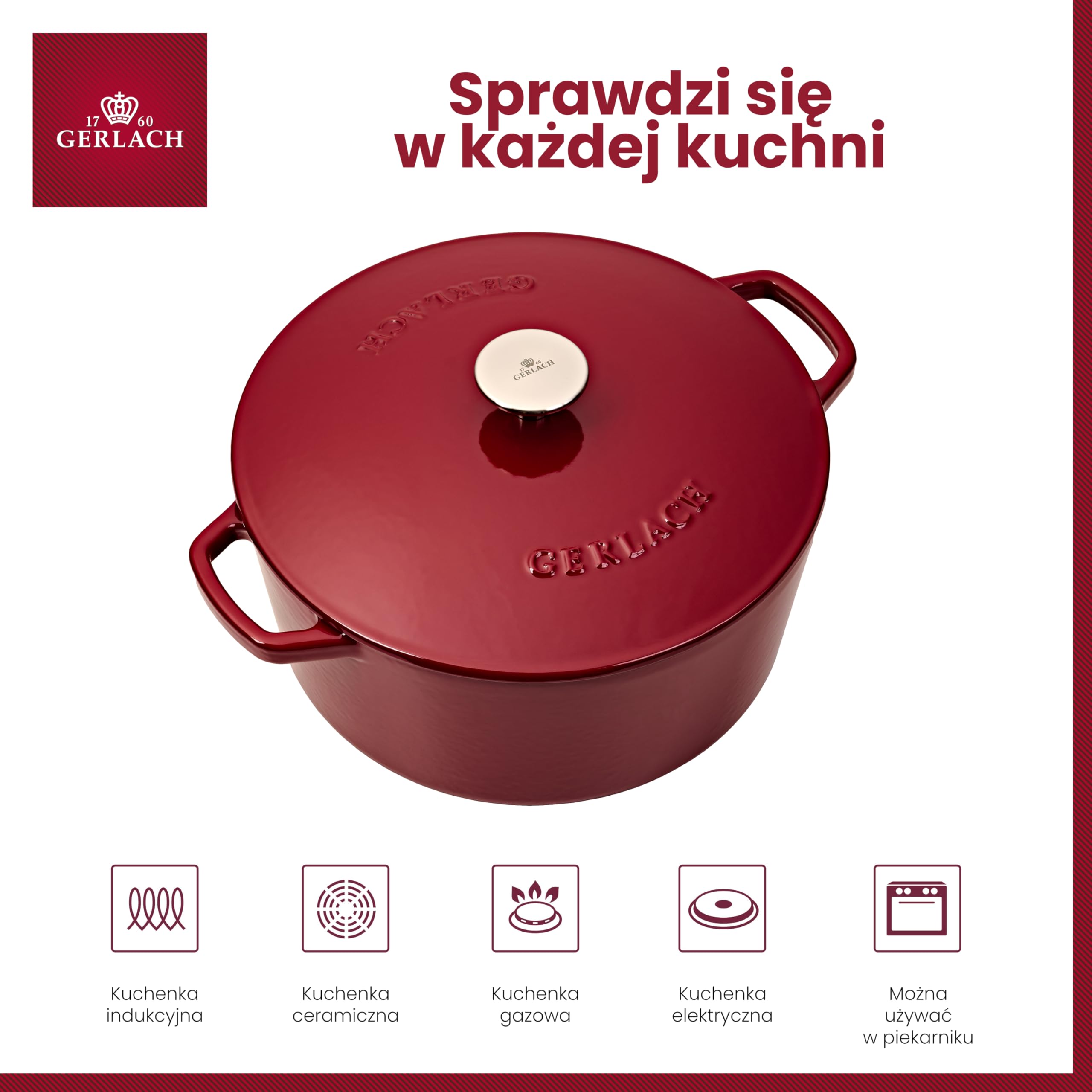 Gerlach 1760 Żeliwny Garnek Do Pieczenia Garnek Do Gotowania Smażenia Emaliowany Z Pokrywką 5 l Bordowy Natur Iron