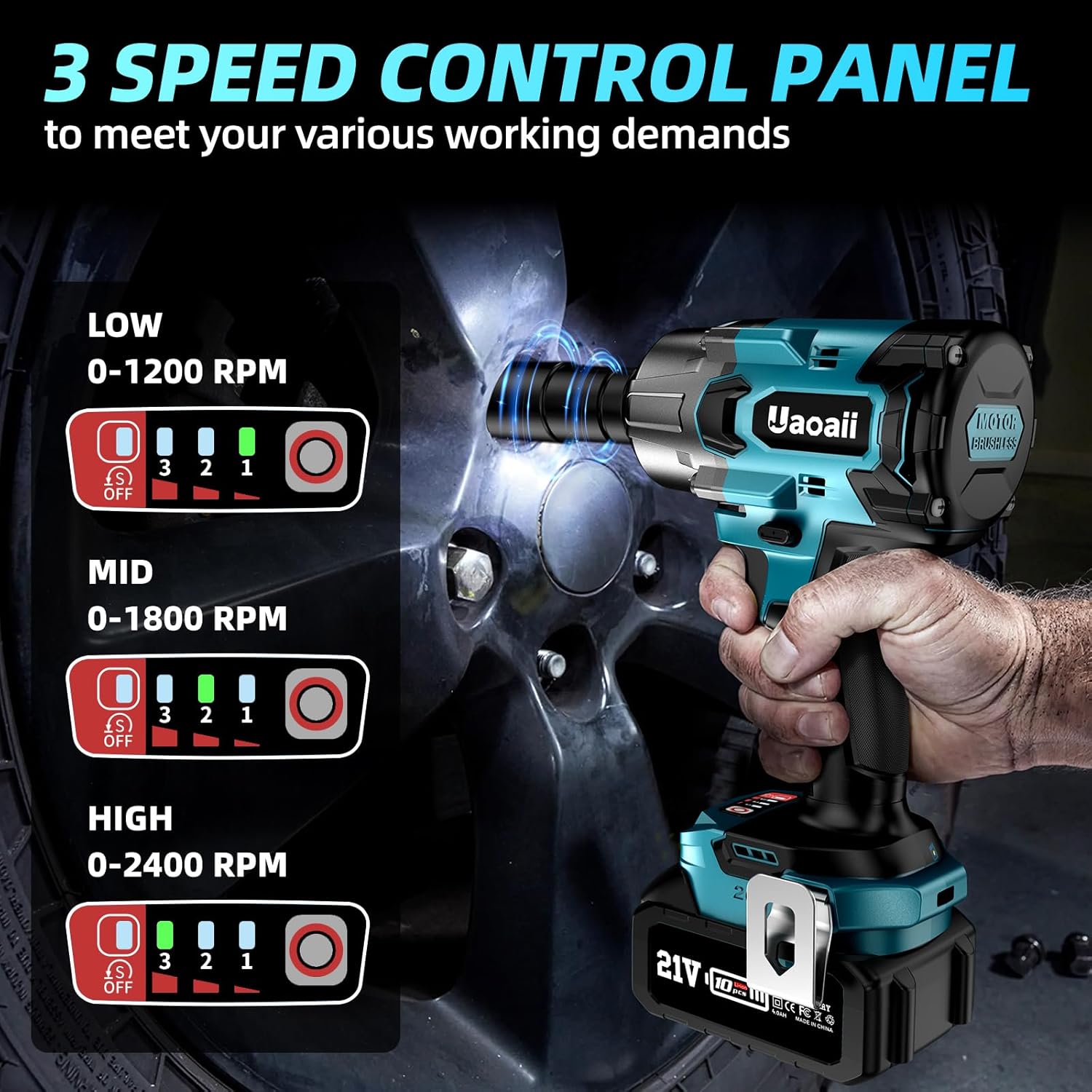 Uaoaii IW800 impact wrench with its 3-speed control panel highlighted.