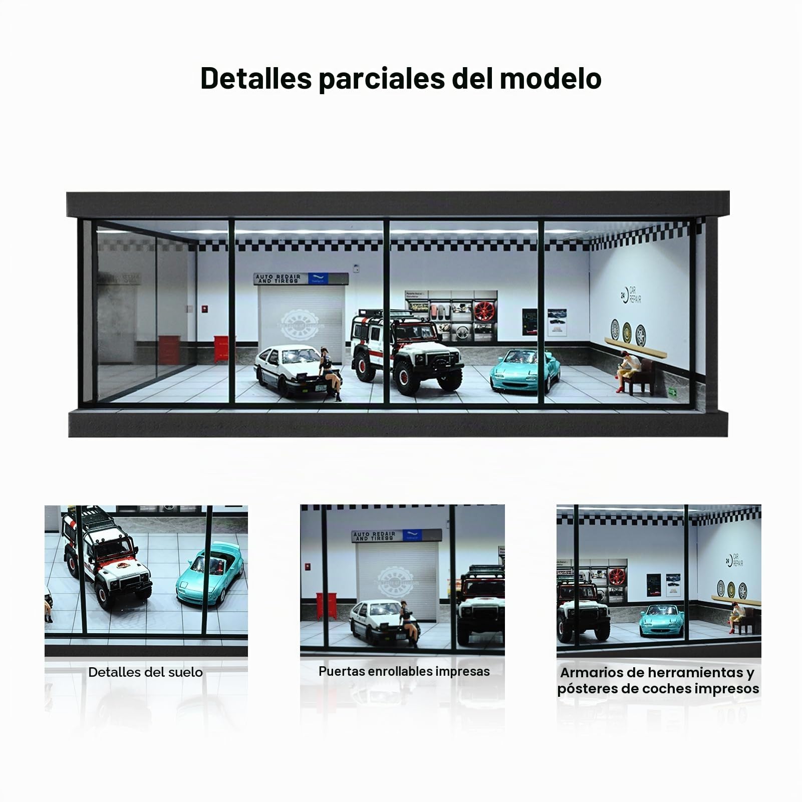 Modelo de garaje Diorama 1:43 con lichit, escaparate de coche para coleccionistas, escena de aparcamiento realista con puerta de polvo de acrílico, modelo de exhibición de coche, regalo