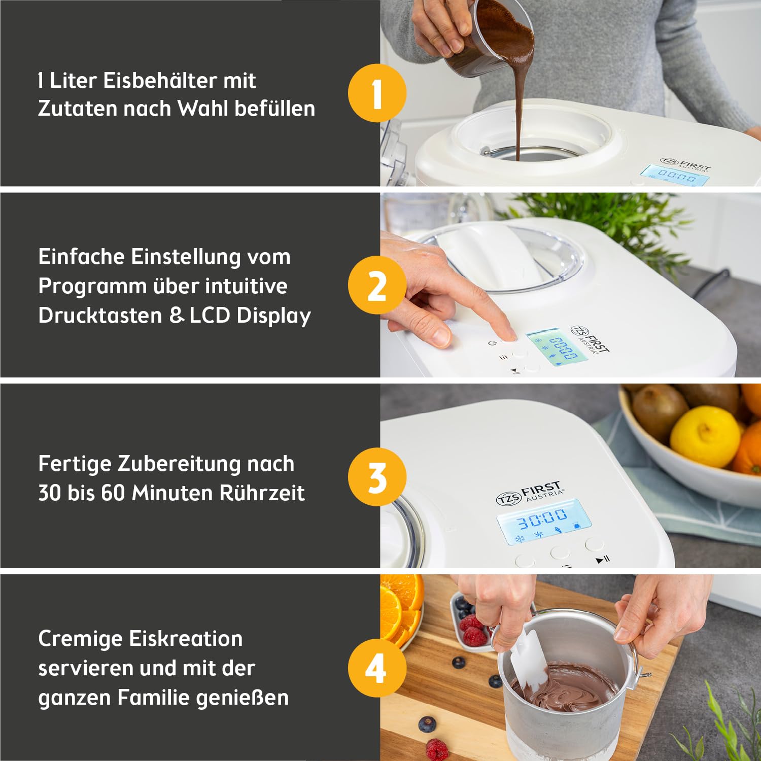 TZS First Austria Eismaschine 1L mit Kompressor 3 in 1 Ice Cream Maker 100W selbstkühlend Weiß