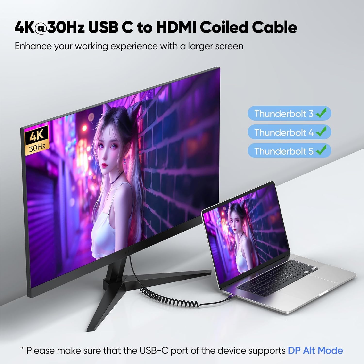 4K USB C to HDMI Coiled Cable 1FT-3FT, USBC Type C to HDMI Cable Coiled (Max to 4FT) Compatible with Thunderbolt 3/4/5, iPhone 17/16, MacBook Air/Pro, Mac mini, iPad Pro, Laptop, Galaxy S26/S25
