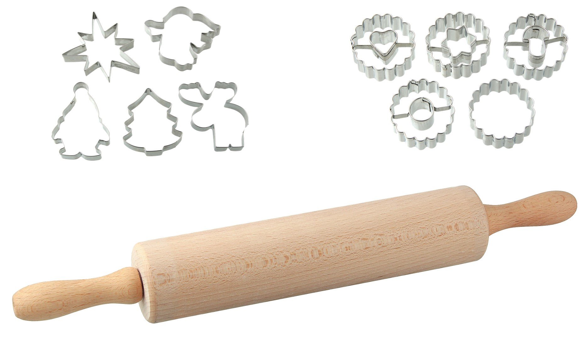 Dr. Oetker Ausstecherset "Leckere Weihnachtsplätzchen und Kekse für die kalte Jahreszeit", Teigroller aus Holz mit Ausstechformen aus Edelstahl und Linzer Ausstecher, Menge: 1 x 3er Set