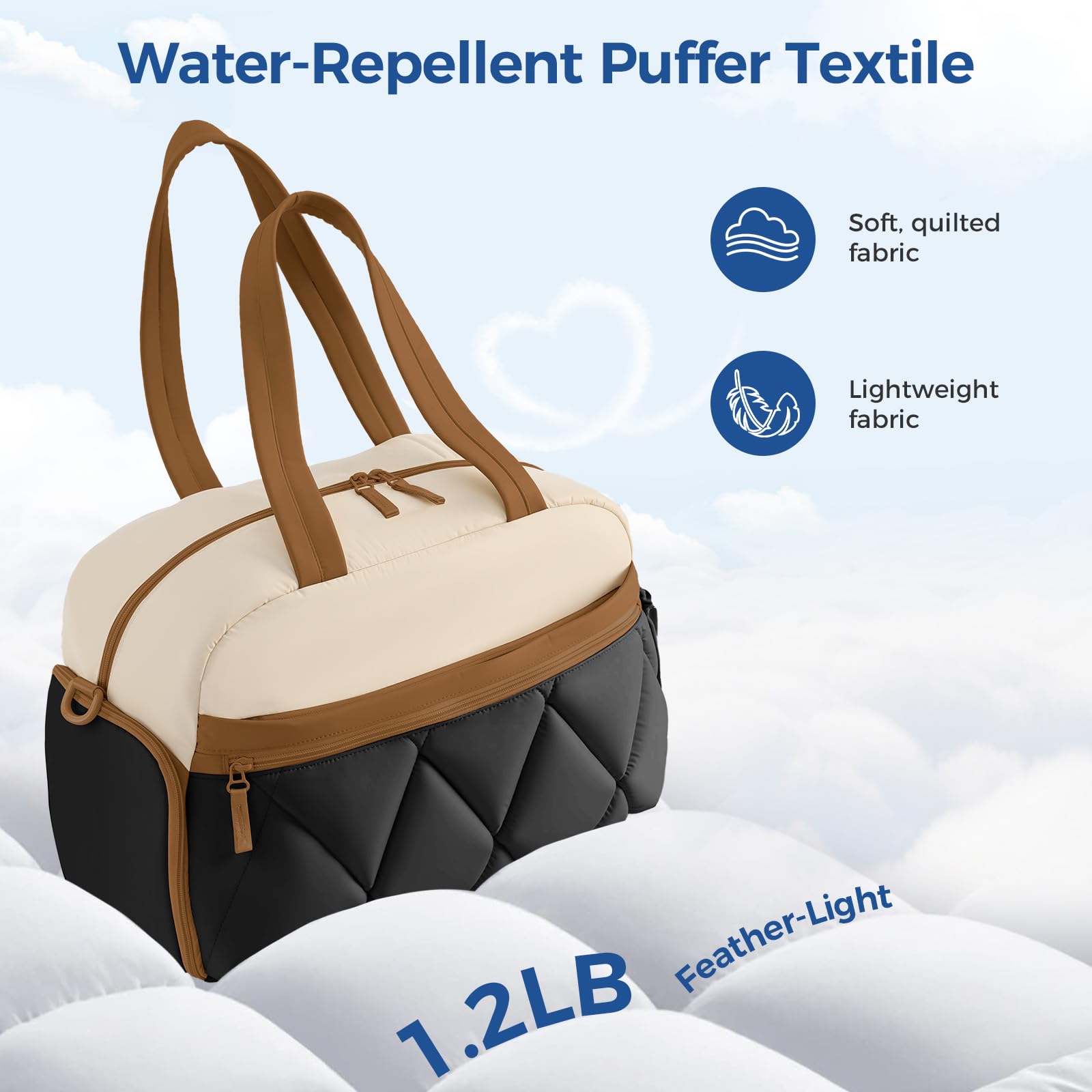 Sporttasche für Damen, Puffer-Reisetasche/Duffelbag mit Schuhfach und Nasstasche, Handgepäck-Tragetasche für Wochenende, Übernachtung, Sport, Beige und Braun, Large, Leichtgewichtig