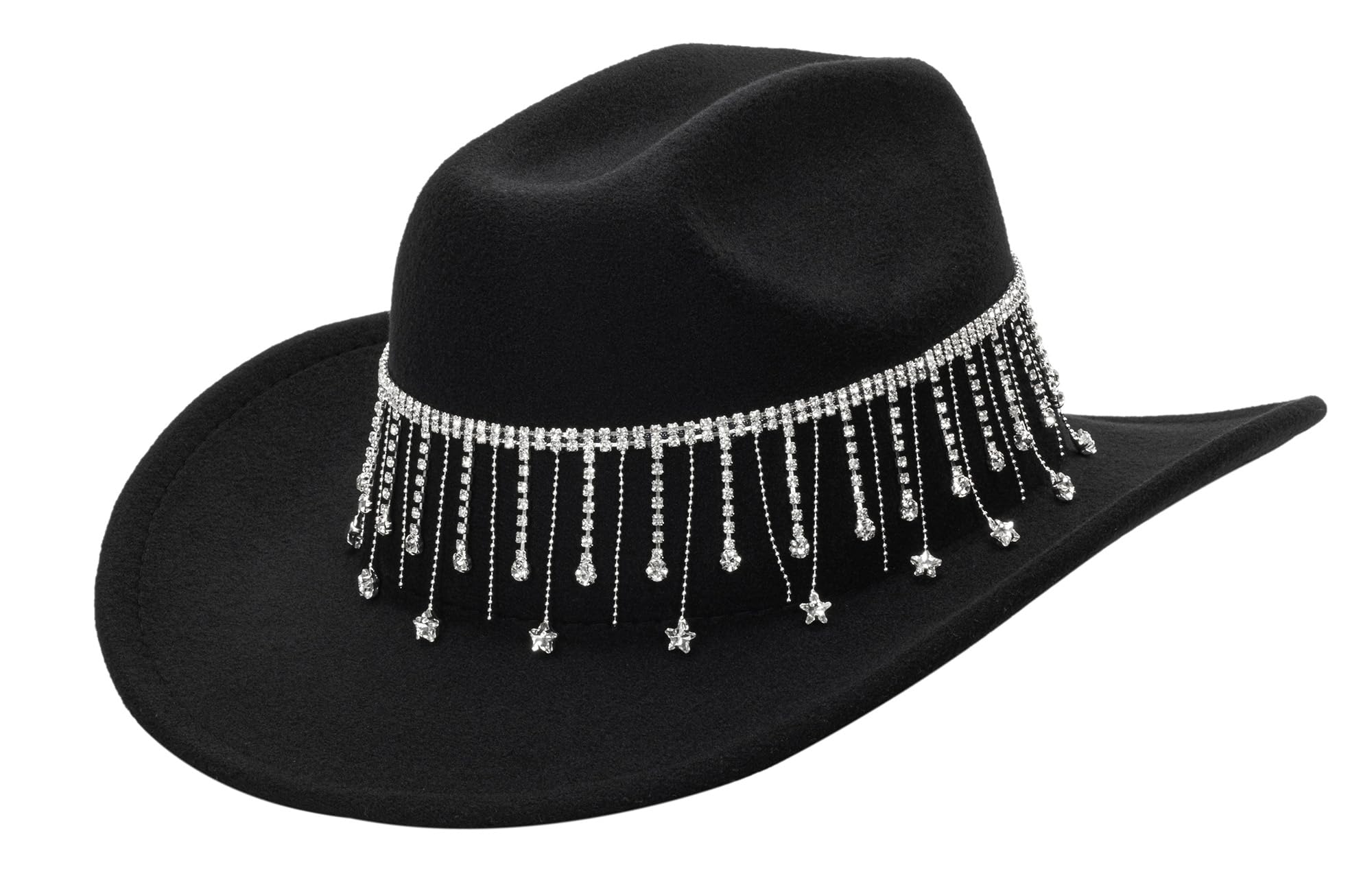 CXQRRWomens-Rhinestone-Black-Cowboy-Cowgirl-Hat with Silver-Fringe - Western Wide Brim Diamond-Glitter Cowboy Hat