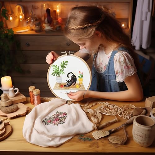 Miniatura 5 de Bonroy Juego de 4 juegos de bordado para principiantes, manualidades de arte, fácil costura, incluye ropa de bordado, patrón, aro de bordado, manual