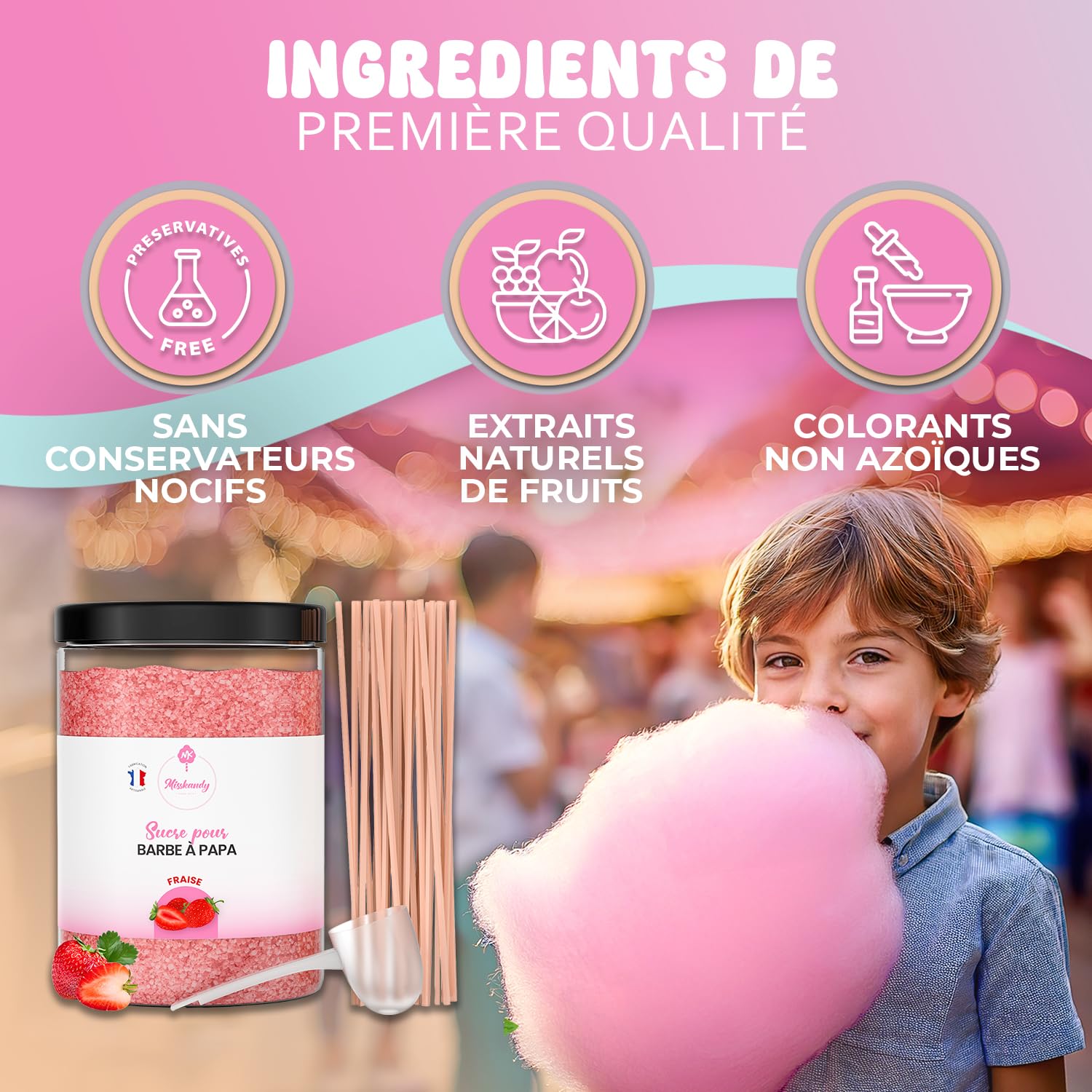 Misskandy®-Sucre Barbe à Papa Fraise 1,340kg (Arôme et Colorant Naturel), pour Machine/poudre barbapapa + 50 bâtonnets (offerts) / Fabriqué en France