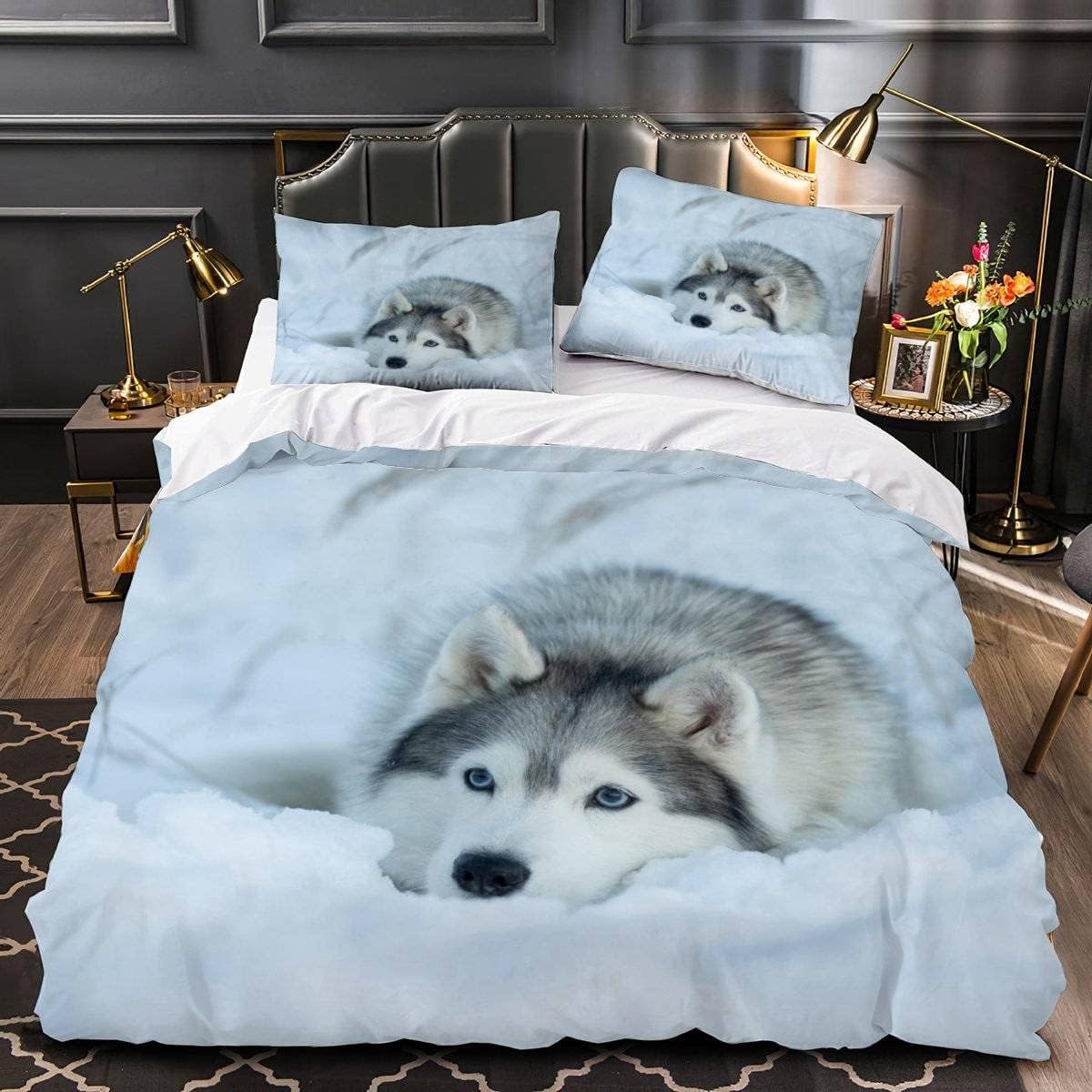 Mevasa Girls Color1 Single Bed Kids Bedding Husky Duvet Cover Set Kids Teens Boys Single Bedding Cute Animals Dogs Fluffy Microfiber Hypoallergenic Single Duvet Cover 3 Pieces /135X200
