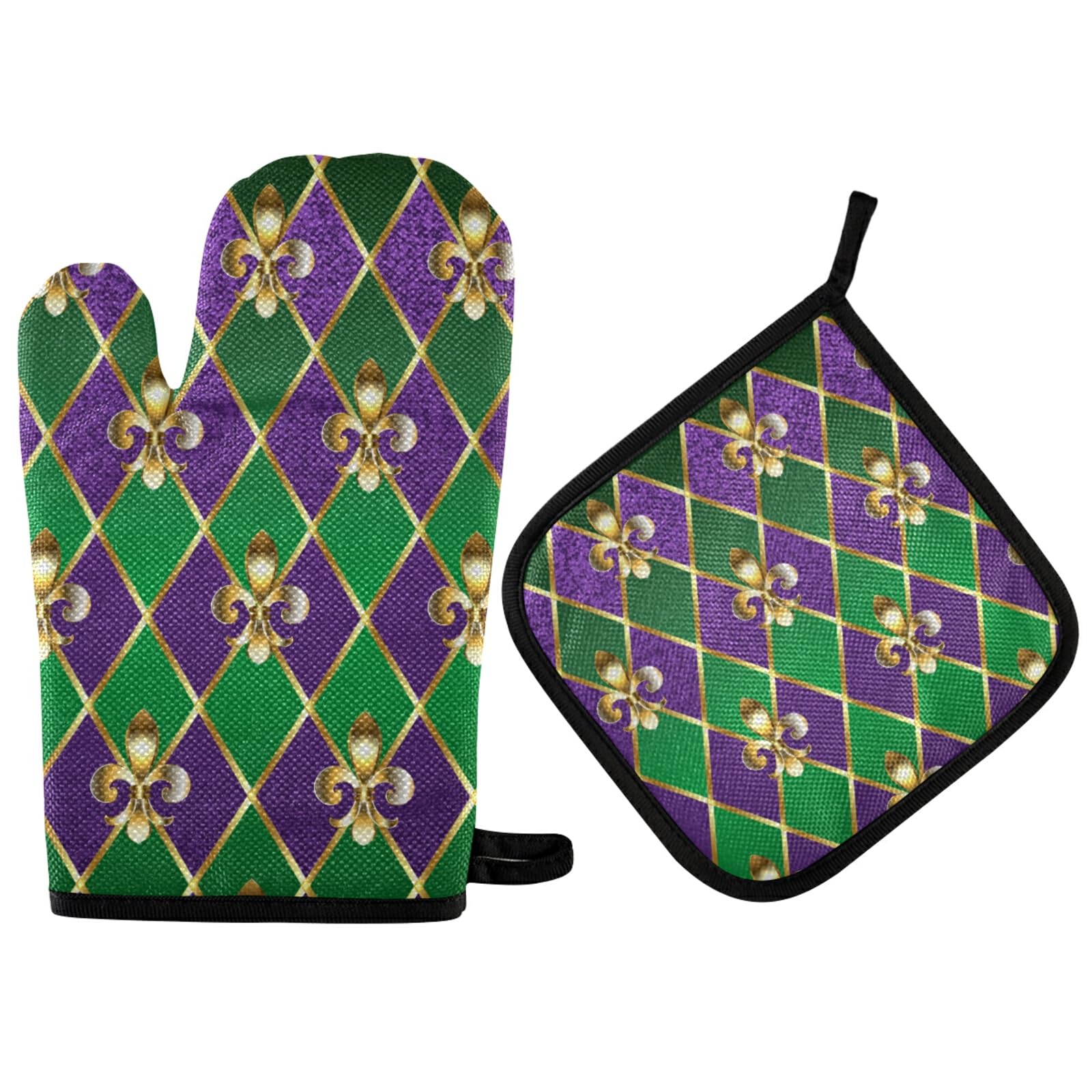 Aflyko Mardi Gras Oven Mitt Pot Holder Gift Set Cooking Glove Carnival Gold Fleur De Lis Gorgeous Kitchen Potholder BBQ for Baking