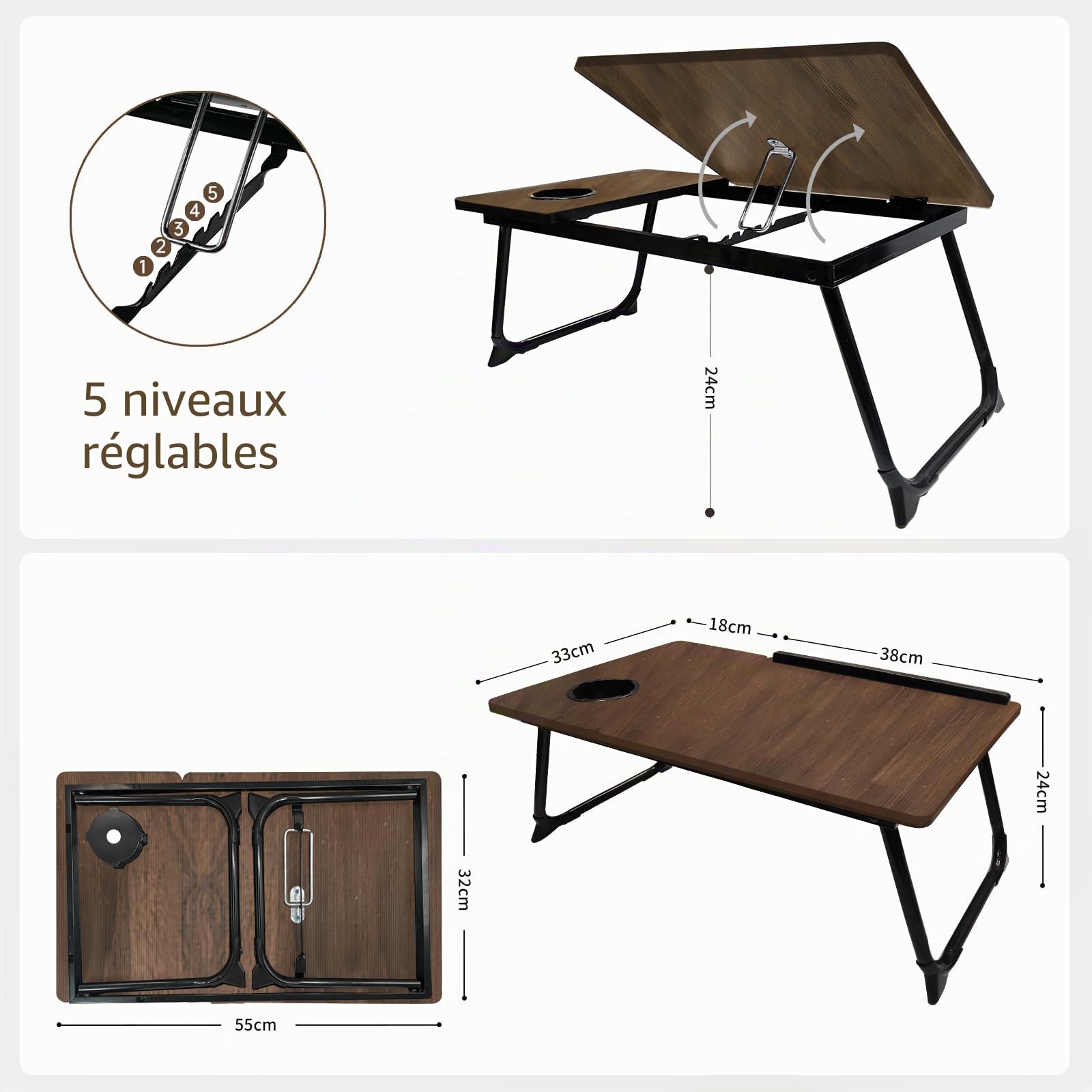 Table Pliable pour Ordinateur Portable et Petit Déjeuner au Lit - Réglable et Ergonomique - Marron