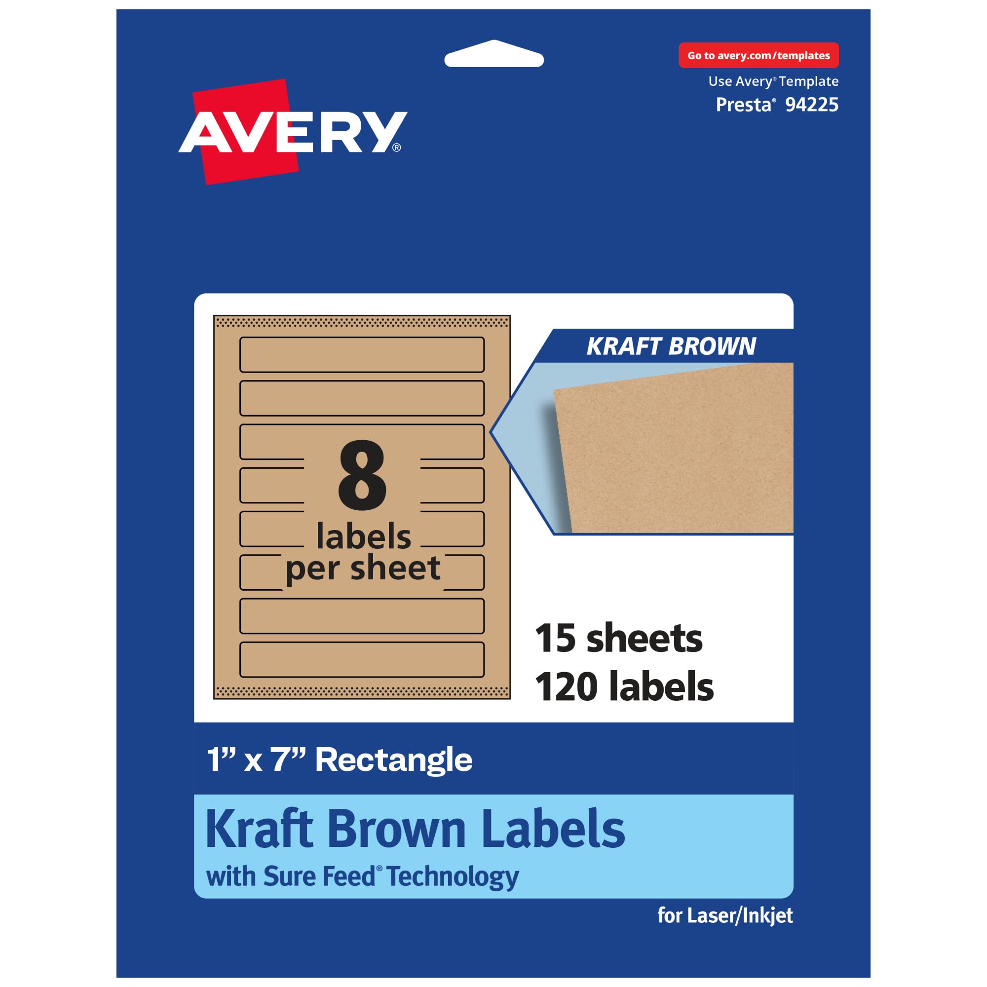Avery Kraft Brown Rectangle Labels, Sure Feed Technology, 1" x 7", 120 Kraft Brown Labels, Print-to-The-Edge, Laser/Inkjet Printable