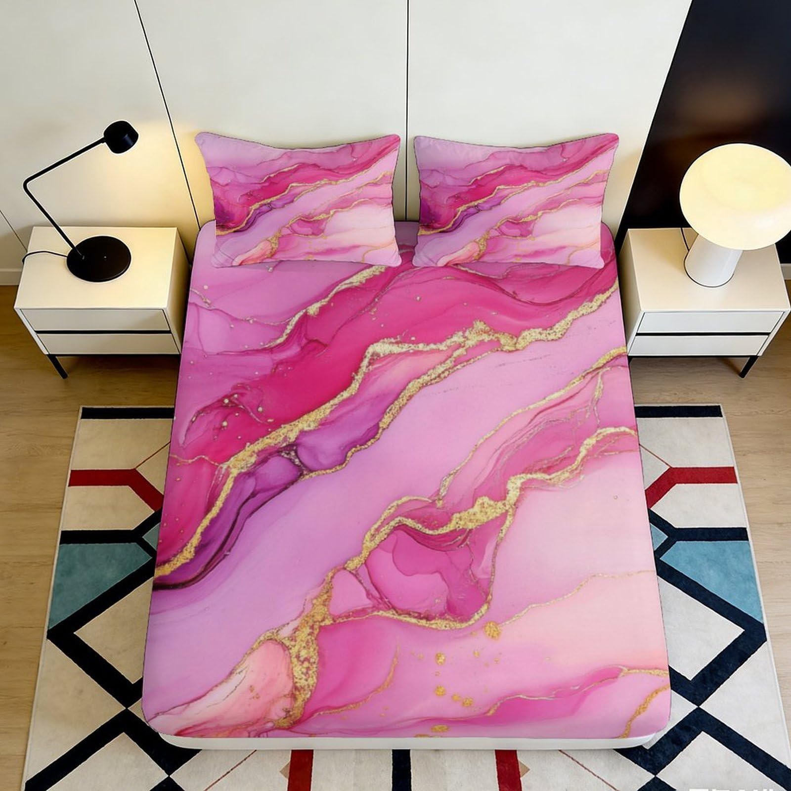 Jqzkxnhpbr Style-1 3D Printed Pink Marble Fitted Sheet Microfiber Soft Breathable Gold Vein Bed Cover For Bedroom Guest Room Decor 90X200x25cm