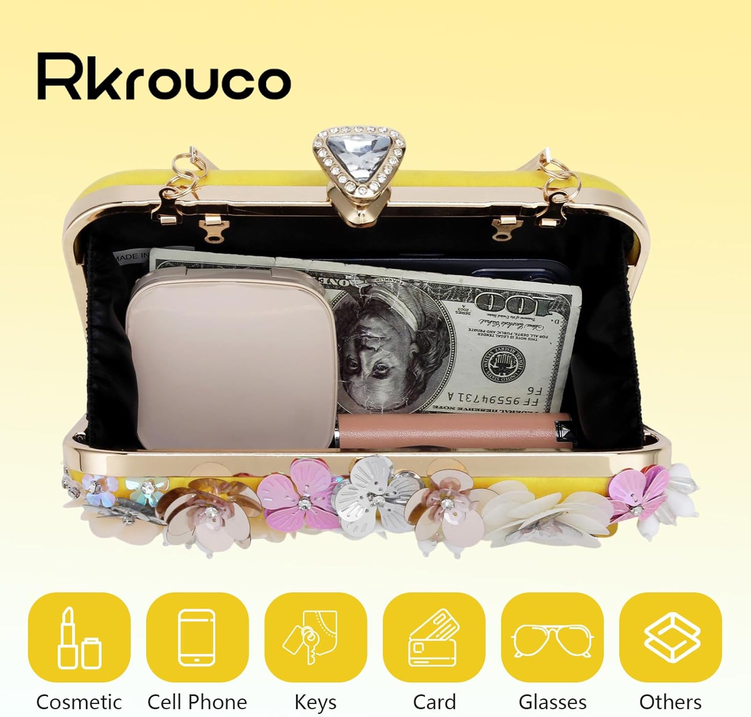 Women's Floral Evening Clutch Bag - Colorful Flower Handbag with Metal Rhinestones - Image 5