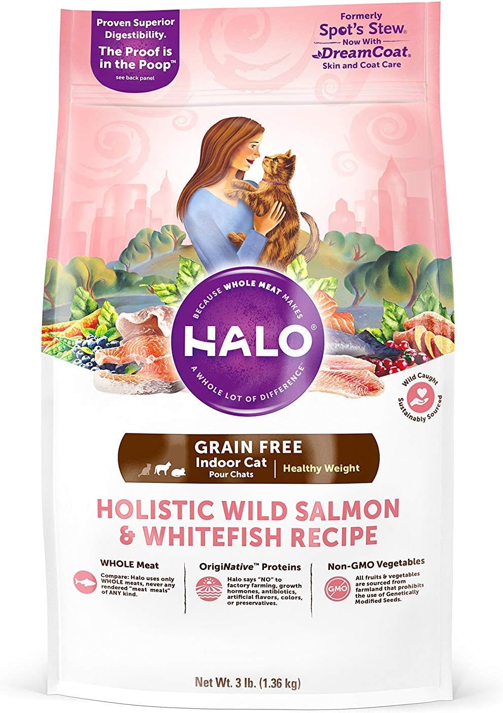 Halo Grain Free Natural Dry Cat Food, Indoor Healthy Weight Wild Salmon & Whitefish Recipe, 3-Pound Bag