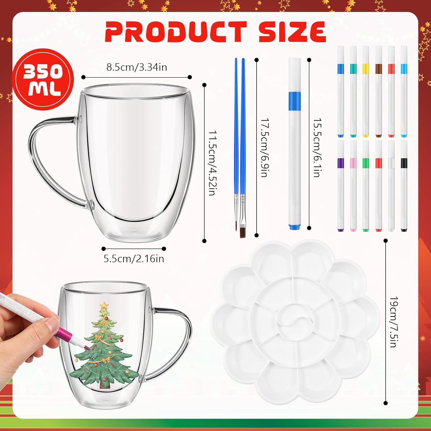 Didaey 4 Set Christmas Paint Your Own Glass Cups Kits Include 4 Glass Coffee Mug 24 Pcs DIY Markers 12 Colors Acrylic Paint with Brushes and Two Palette to Design for Christmas Gifts Birthday Party - Image 2