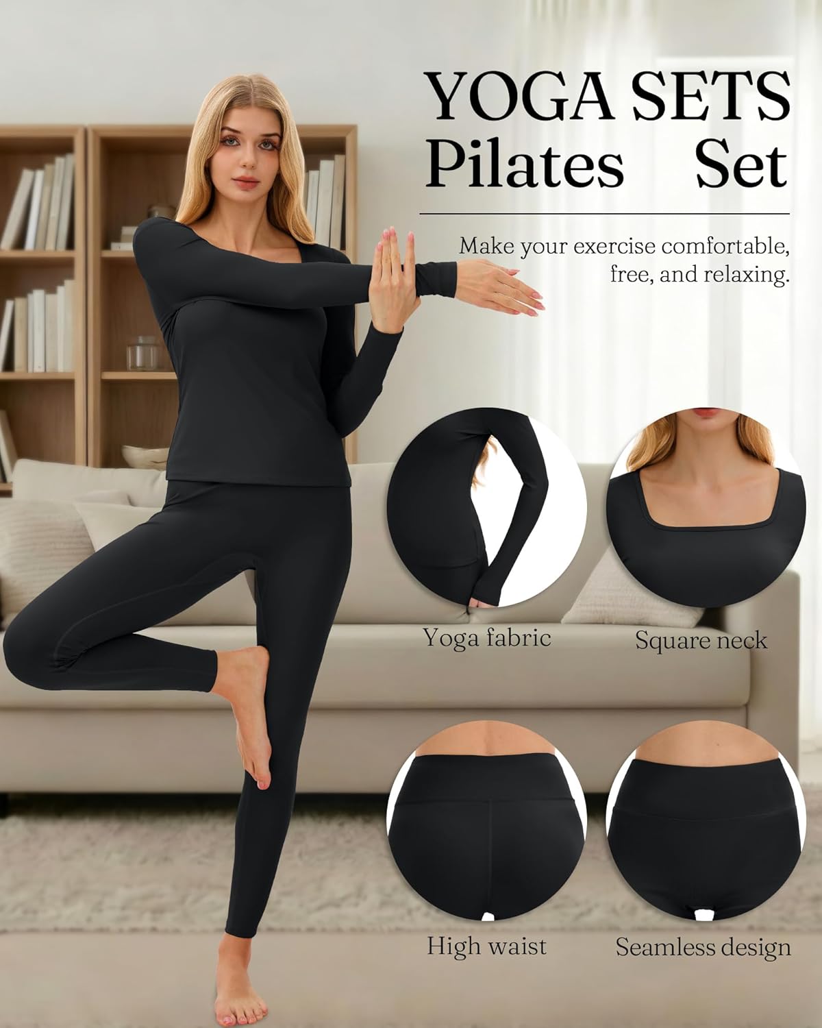Women's 2 Piece Workout Sets Long Sleeve Yoga Square Neck Top High Waist Leggings Athletic Pants Active Sports Gym